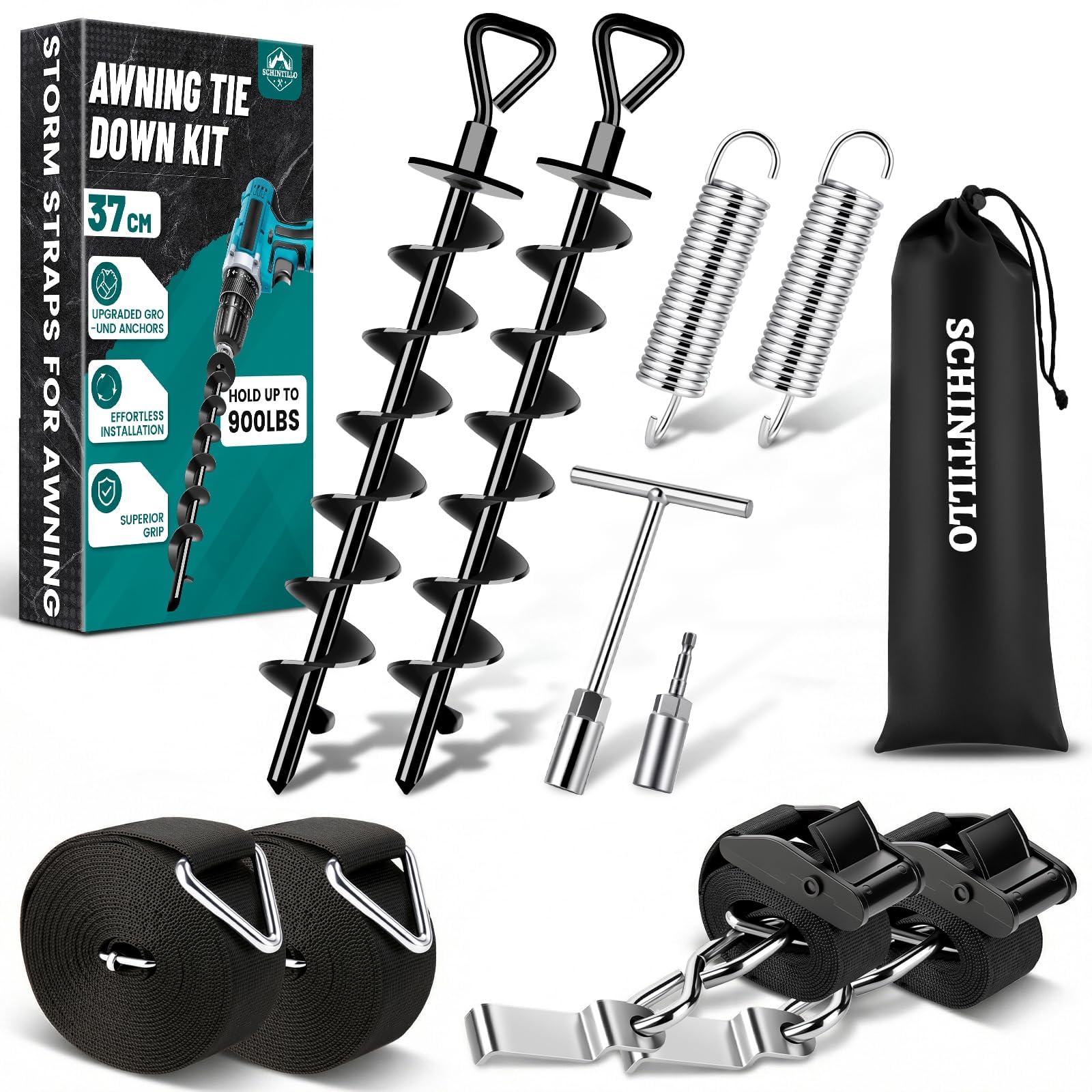 Premium Sturmband Markise Vorzelt für Thule Omnistor, Sturmsicherung für Vorzelt mit 37CM Spiralförmige Bodenanker für Windbeständigkeit, Hold Down Strap Kit StabilisierungsKit für Camping&Wohnmobil