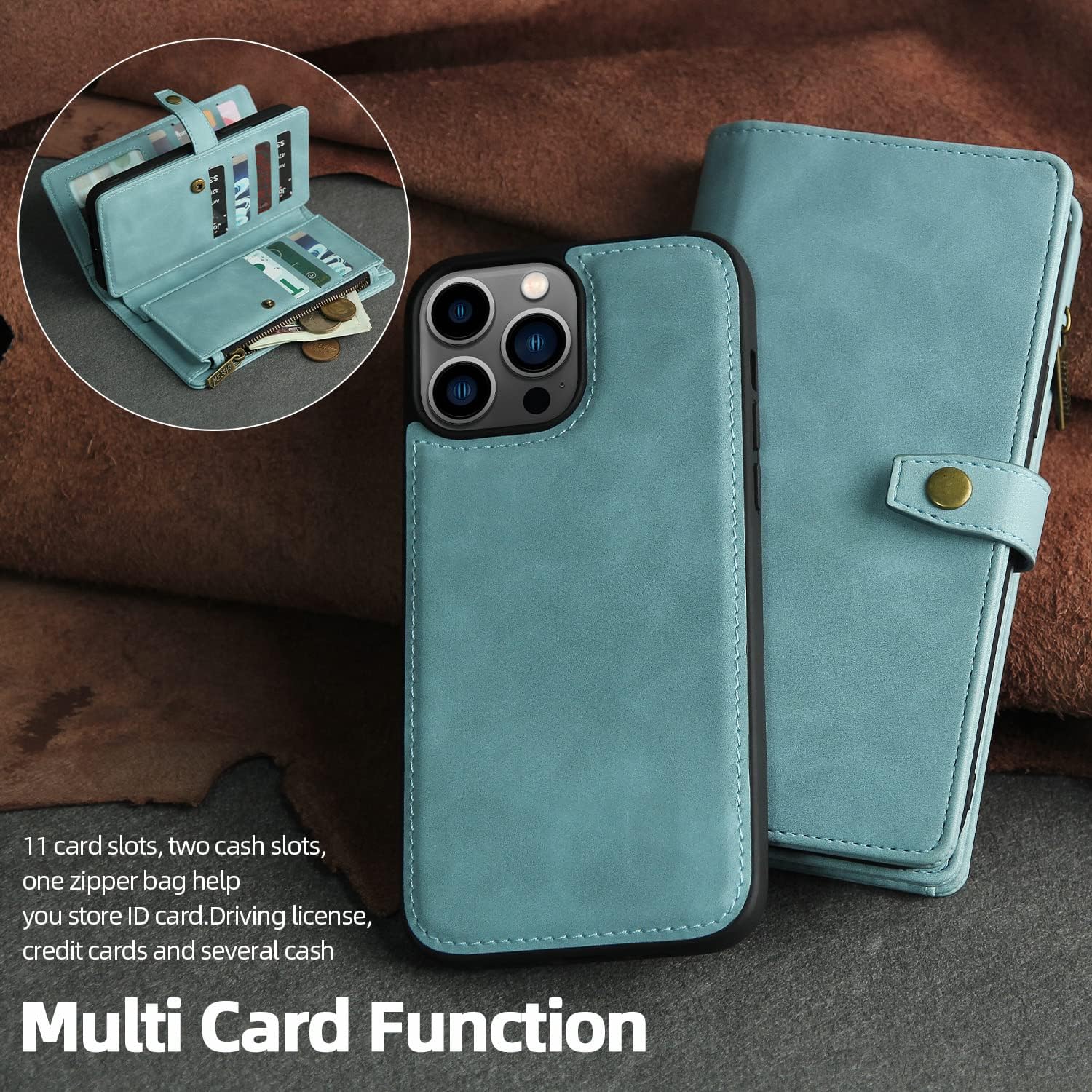 TwoHead for iPhone 13 Pro Max Wallet Case with Card Holder & Detachable Magnetic Phone Case, Leather All-Round Protection Phone Case Wallet for Women/Men,6.7 in, Blue - Image 5