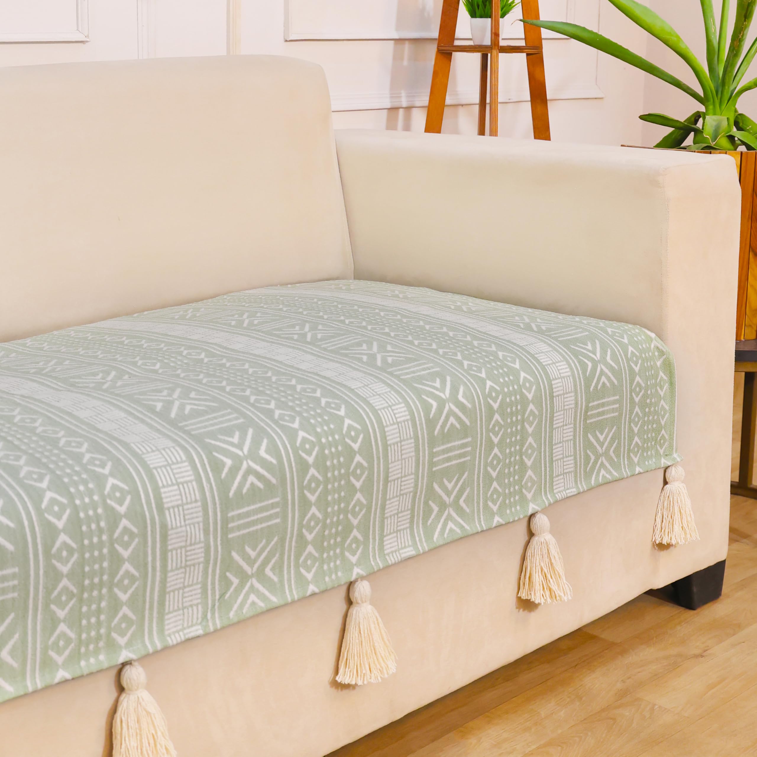 STITCHNEST 'Verdant Bohemian Stories' 2 Seater Sofa Cover| Elegant Jacquard Fabric, Decorative Tassels, Washable & Durable for Modern Living