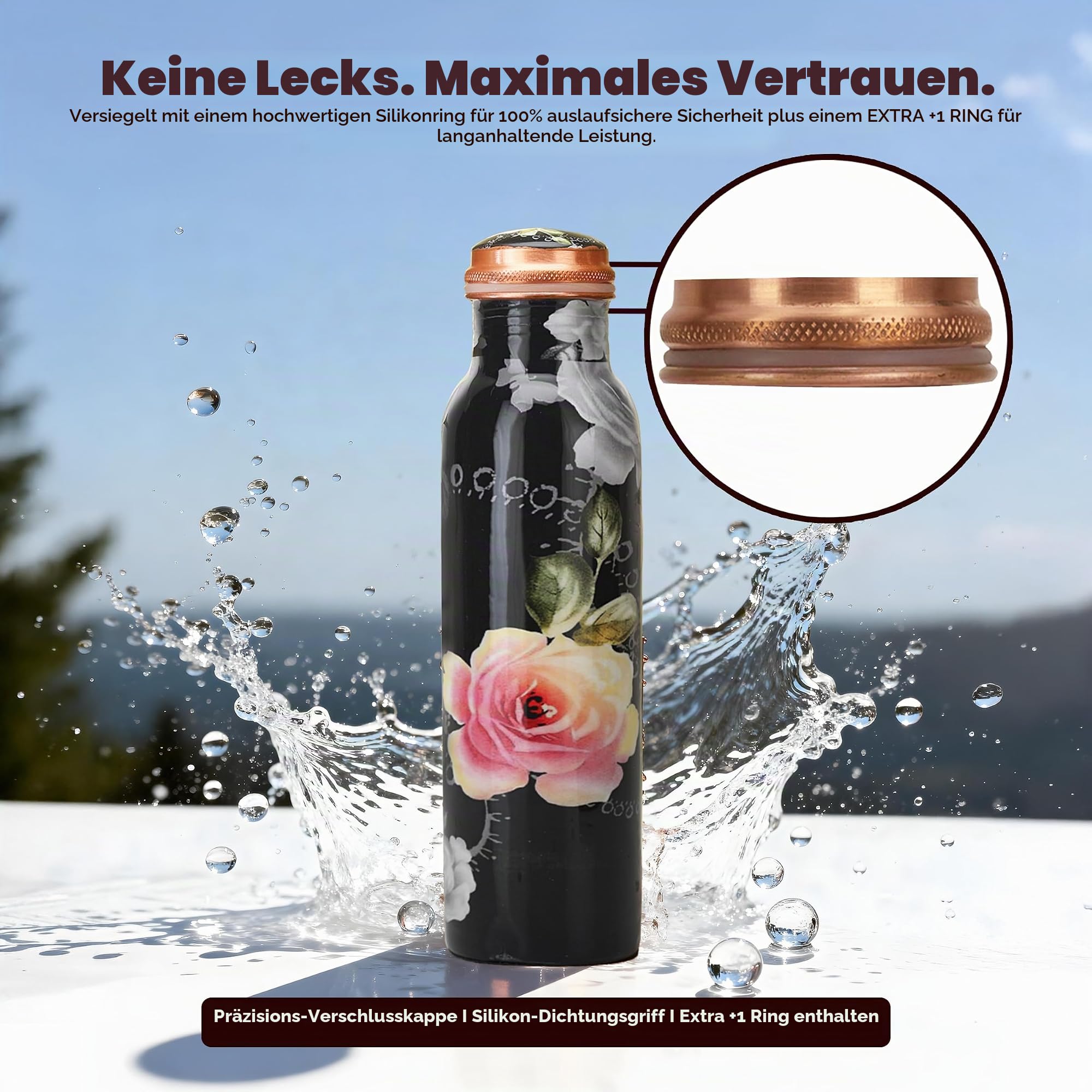 Wasserflasche aus reinem Kupfer (groß), handgefertigt, auslaufsicherer Deckel; ideal für Reisen, Fitnessstudio, Büro, Wandern, Outdoor-Aktivitäten, Yoga – 2 Stück