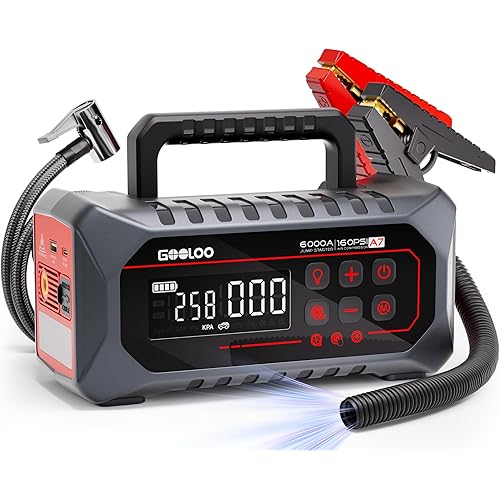 GOOLOO A7 Jump Starter with Air Compressor, 6000A &160PSI 12V Car Battery Jumper Starter Portable Booster Pack, 12-in-1 Jump Box (All Gas & 10L Disel) with Tire Inflator & Air Pump(Inflate& Deflate)