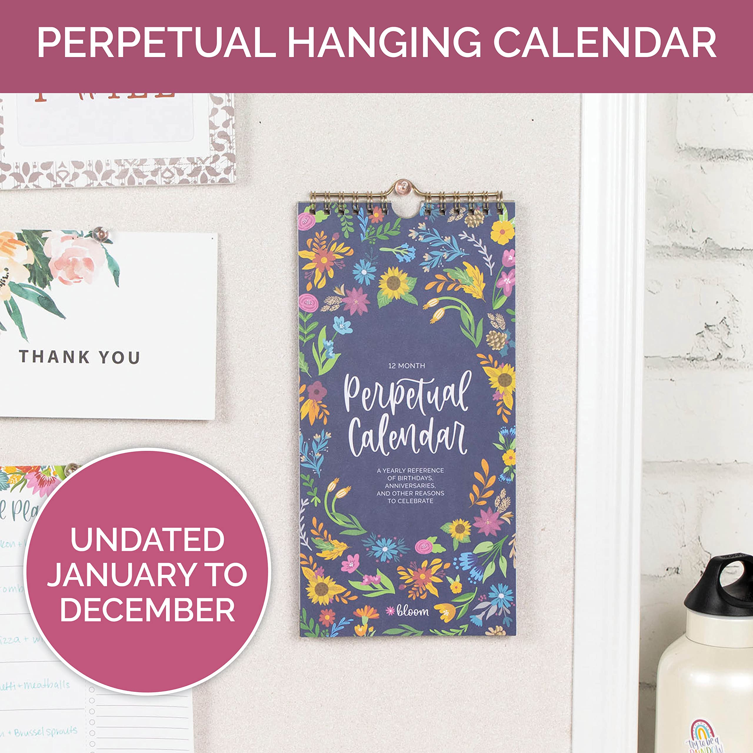 bloom daily planners Perpetual Hanging Flip Calendar - 5" x 10" - Monthly Wall Organizer Notepad for Important Dates, Birthdays, Anniversaries - Seasonal Florals - Image 2