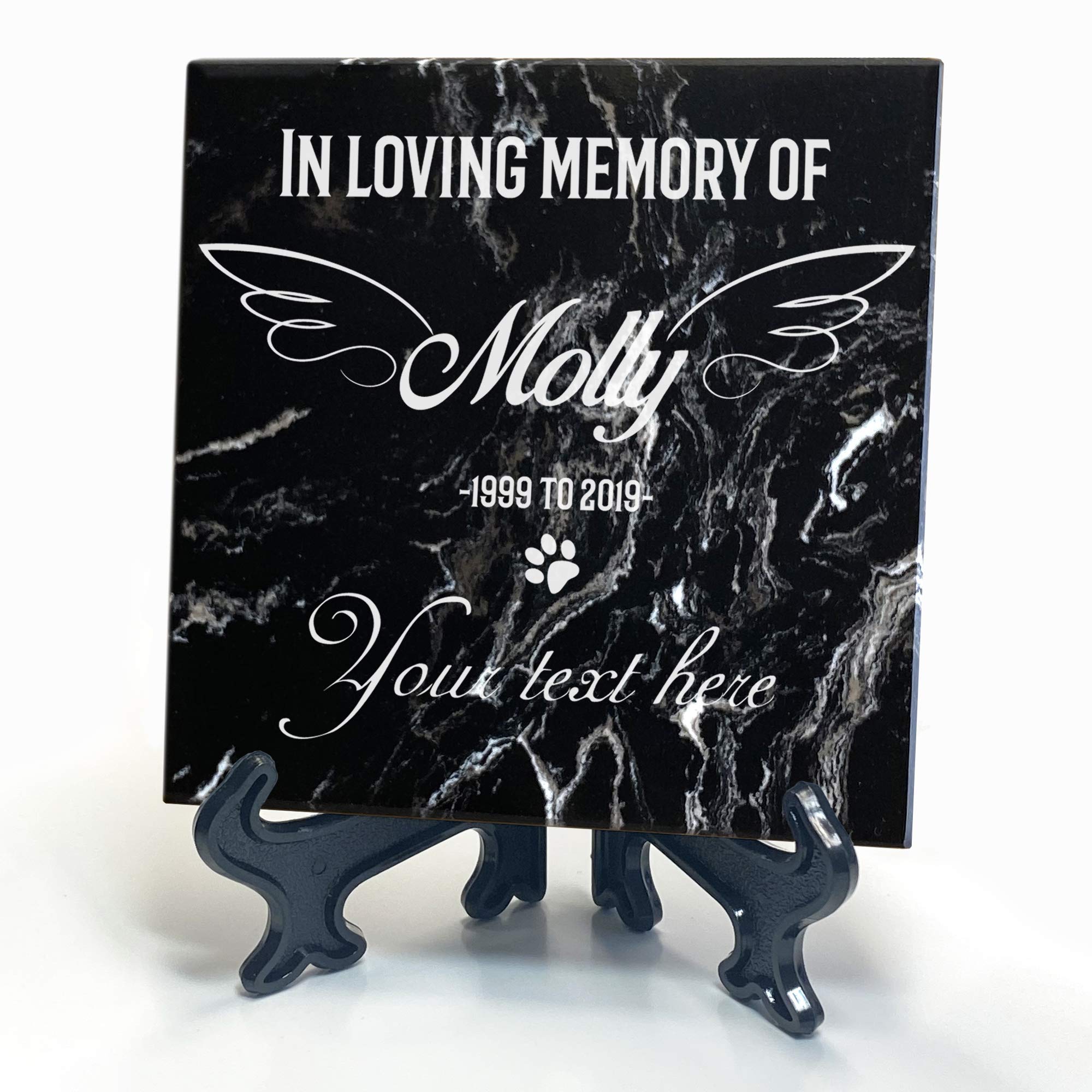 TULLUN Personalised Memorial Black Marble Stone Plaque + Stand For Pet Cat Dog Frame Paw Grave Marker - Custom Text - Size | 4" x 4" or 10 x 10 cm|