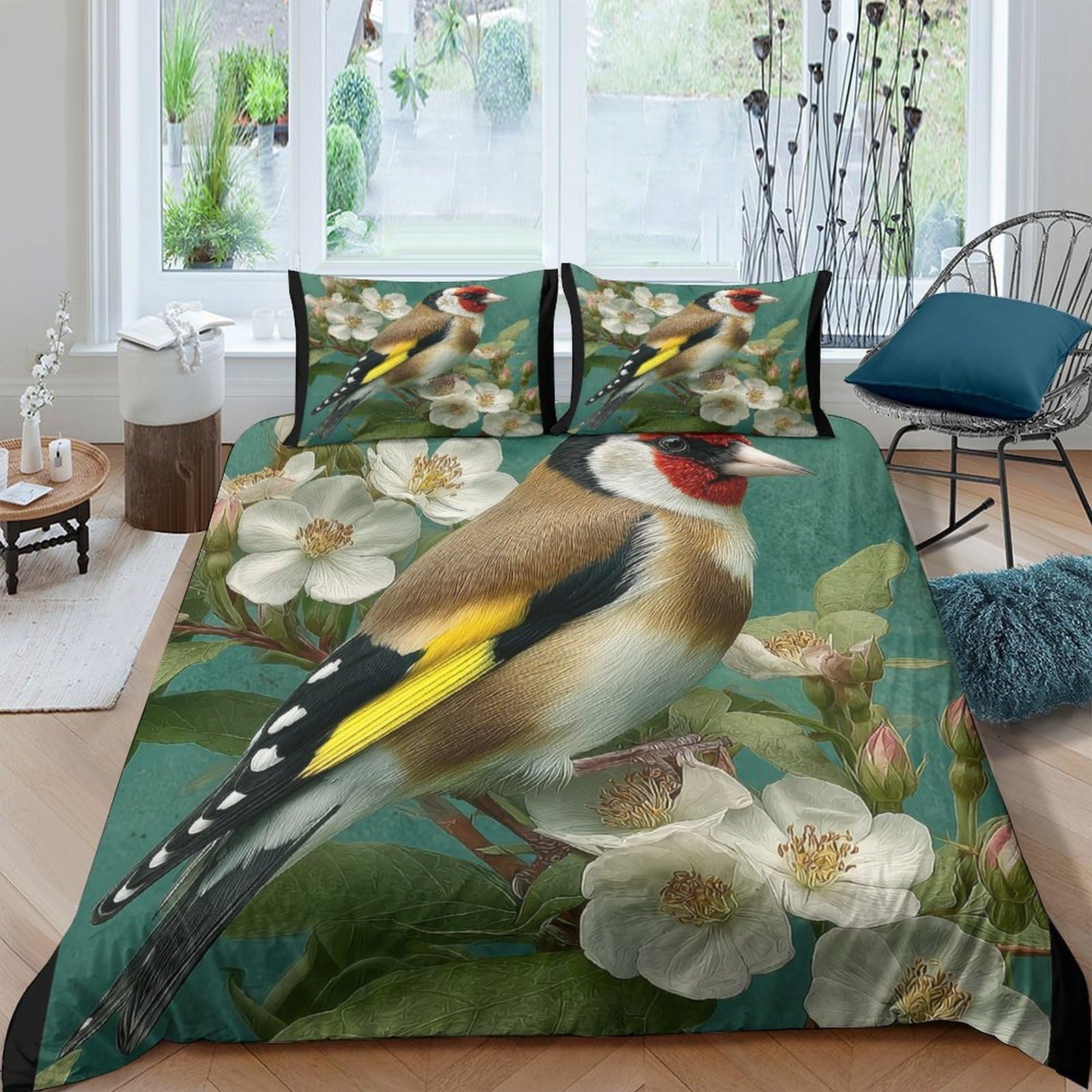 Ctjqhvkz Style-5 3D Printed Goldfinch Blossom Fitted Sheet Microfiber Soft Green Bird Flower Mattress Cover Bedroom Decor Single（135X200cm）