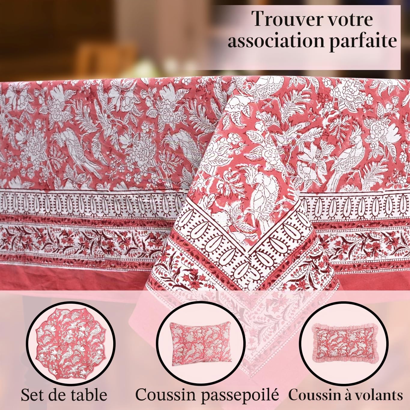 CPC COTTON PRINT CLUB Nappe Indienne 6 Places 152,4 x 228,6 cm 100% Pur Coton, Rouge Rubis Indien, imprimé à la Main