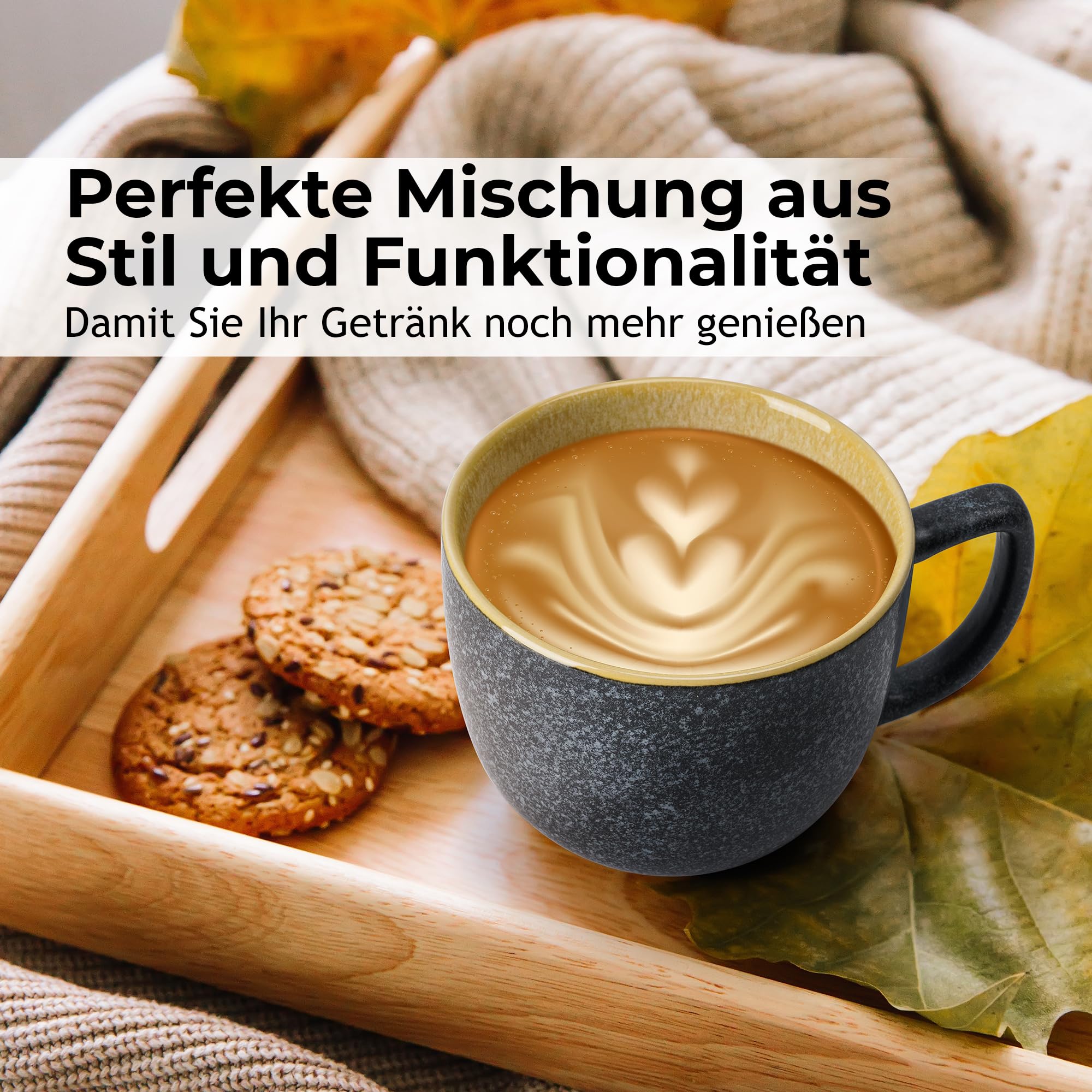 MIAMIO - Las Palmitas Kaffeetassen 6er Set - 6 große bunte Steingut-Tassen 470 ml - Kaffeebecher & Teetassen für Cappuccino, Latte Macchiato & Tee
