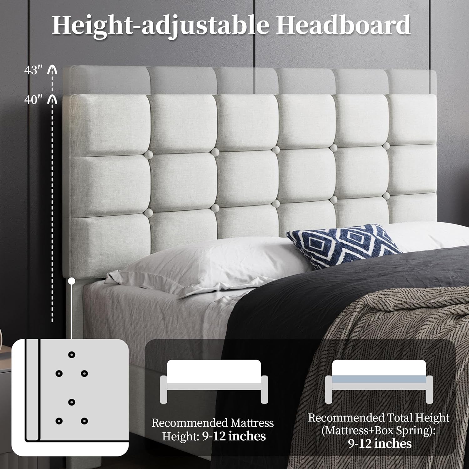 Yaheetech Upholstered Bed Frame, Modern Full Bed Platform with Square Stitched&Button Tufting Headboard Height Adjustable, Wooden Slats Support, No Box Spring Needed, Full Size, Beige