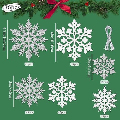 Miniatura 3 de Adornos de copo de nieve de Navidad blancos y plateados, 36 piezas de copos de nieve colgantes con purpurina de plástico para decoración de árbol de