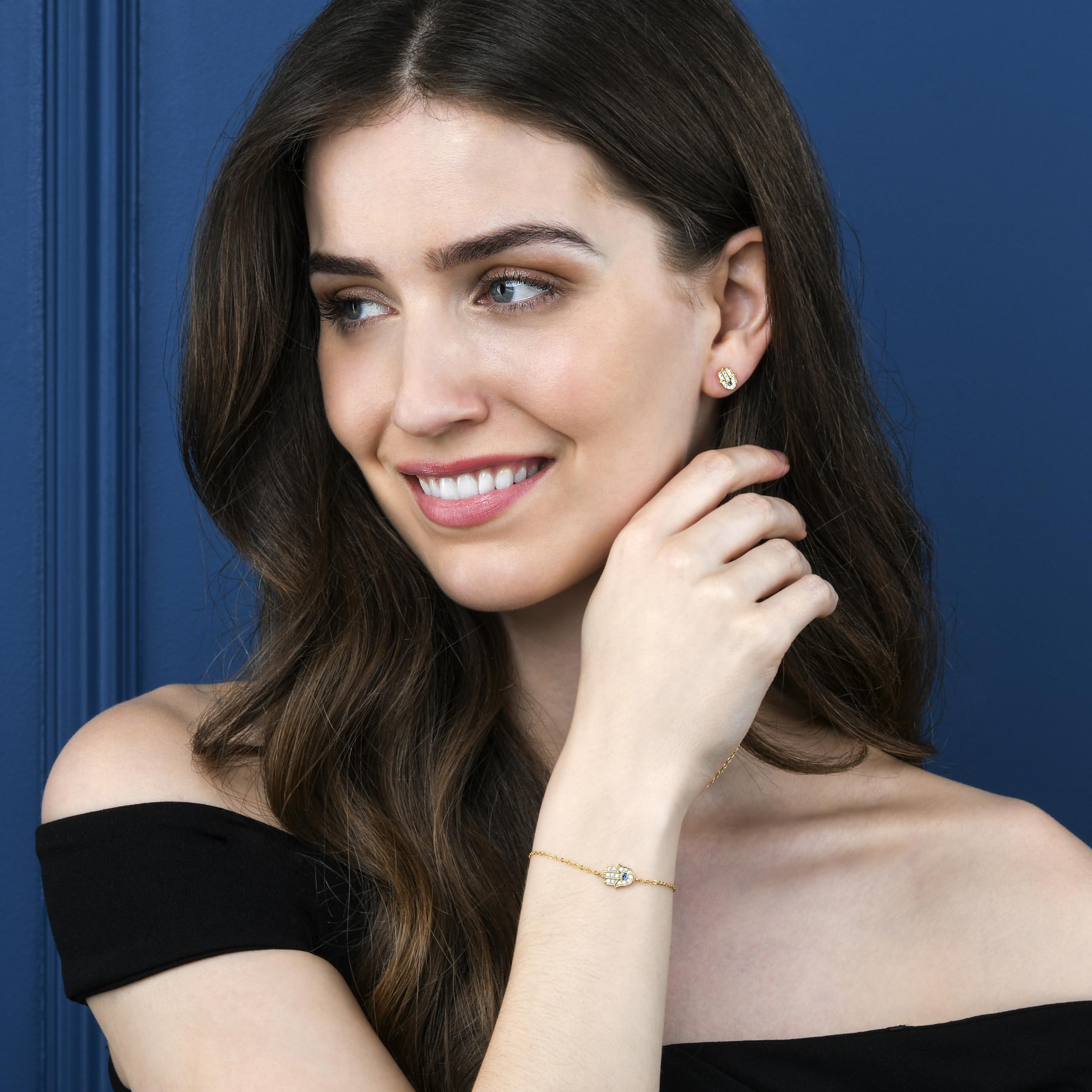 Diamond Treats Bracciale da donna in argento 925 a mano di Fatma, bracciale Khamsa con pietre in zirconia, per donna e ragazza, bracciale da donna argento, oro giallo o oro rosa