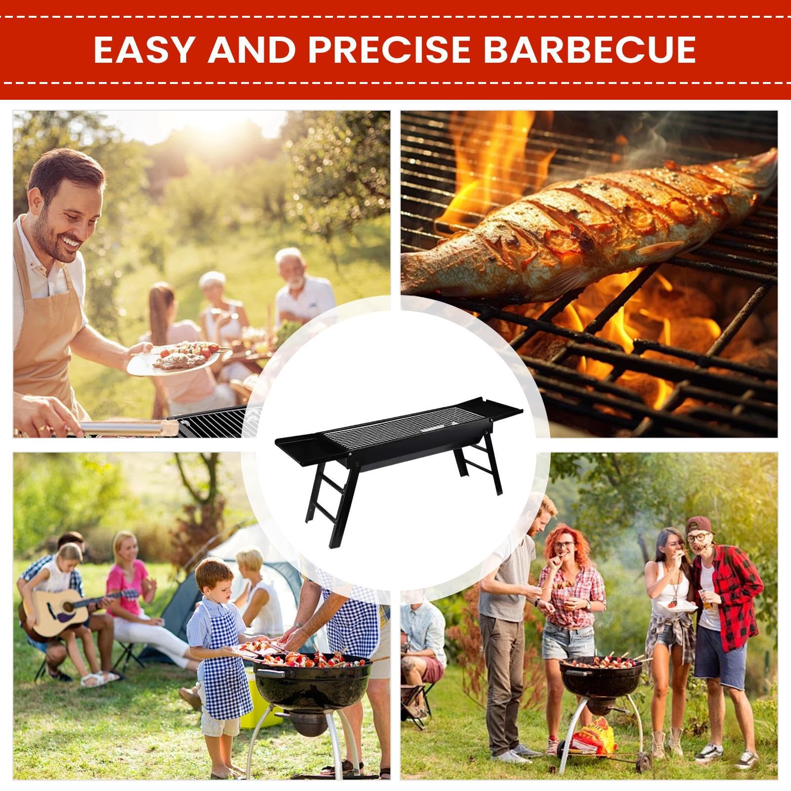 Składany Grill Składany Piecyk Piknikowy | Grill Barbecue Z Bocznymi Tackami Do Ogrodu, Na Świeżym Powietrzu, Do Mieszkania, Na Balkon, Na Plażę, Do Gotowania, Na