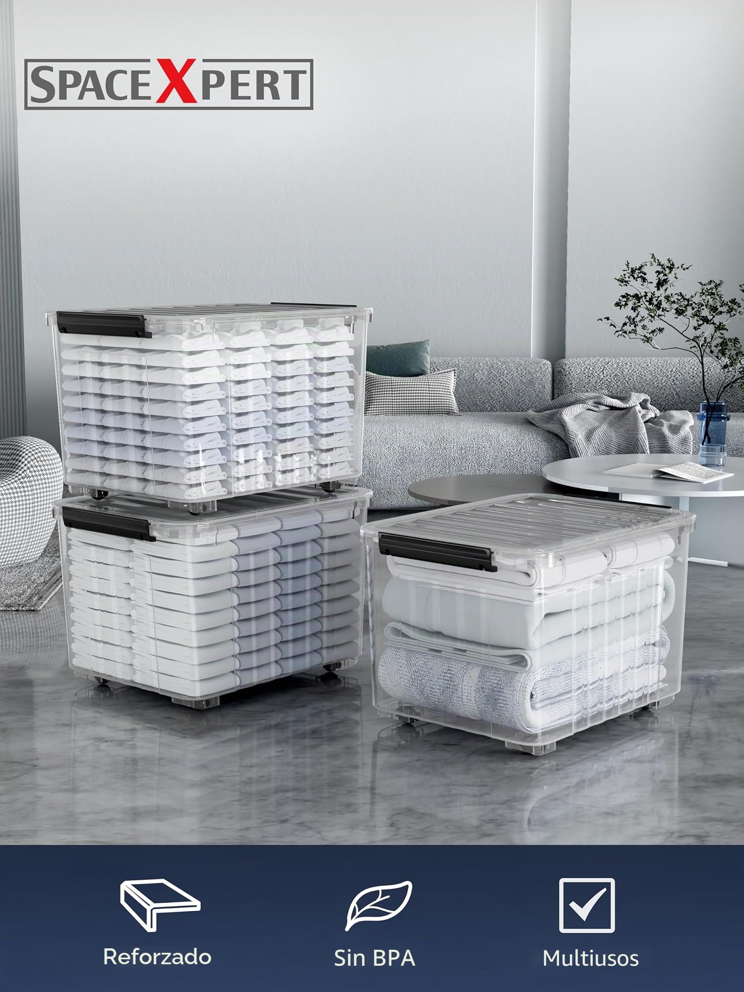 Cajas de Almacenamiento de Plástico con Tapa, Diseño Rayado 15L, Contenedor Apilable Resistente para Hogar, Oficina y Garaje, Transparente de PP, Organizador Versátil, 15L (Paquete de 4)