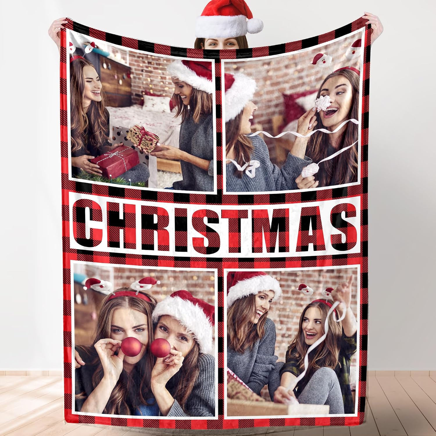 Artsadd Custom Christmas Blanket with Photo Text Personalized Collage 1-10 Pictures Throw Blanket for Him Her, Customized Throws Blanket Gifts for Christmas Birthday