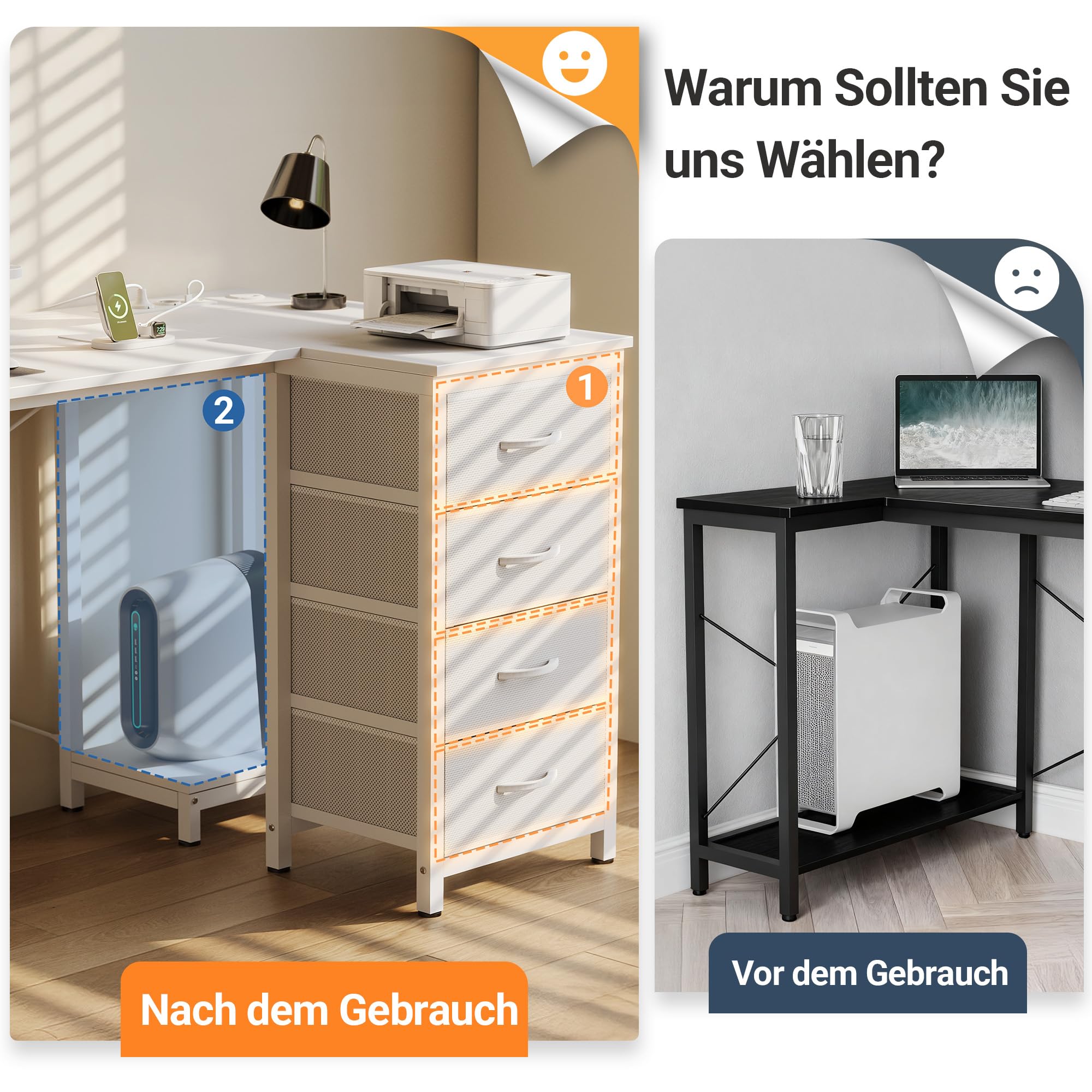 Claiks Schreibtisch L Form mit 4 Stoff Schubladen, 140x80 cm Eckschreibtisch mit USB-Ladeanschluss und Steckdose, L förmiger Schreibtisch mit Monitorablage für Büro, Weiß