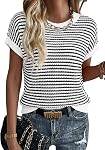 KISSMODA Tige rayée casual femme haut à manches courtes Cap à manches longues Col de l'équipage Pull S-XXL