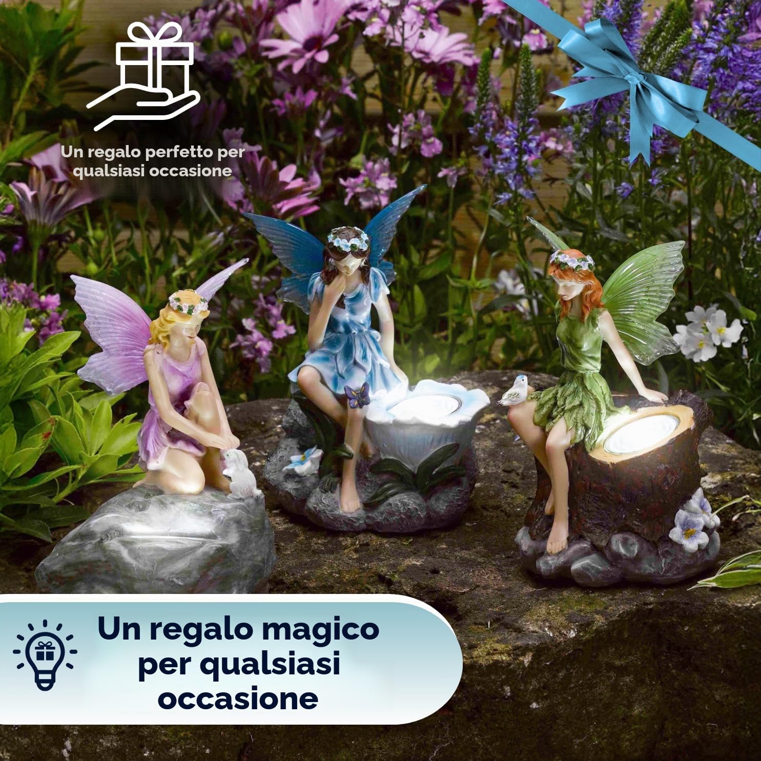 Garden Mile Set di 3 statue fatate da giardino a energia solare, con faretti a energia solare, impermeabili, a LED, per giardino, vialetto, prato, patio