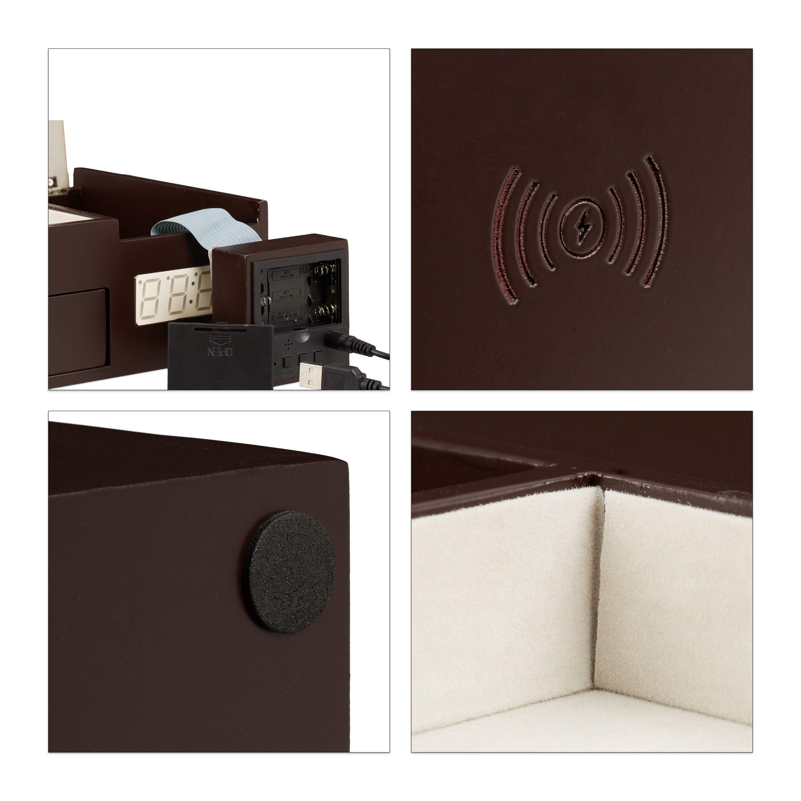 Relaxdays Chargeur Induction avec Organisateur de Rangement et Montre Fonction réveil, Chargement sans Fil, Dimensions 8 x 26 x 18 cm, Expresso
