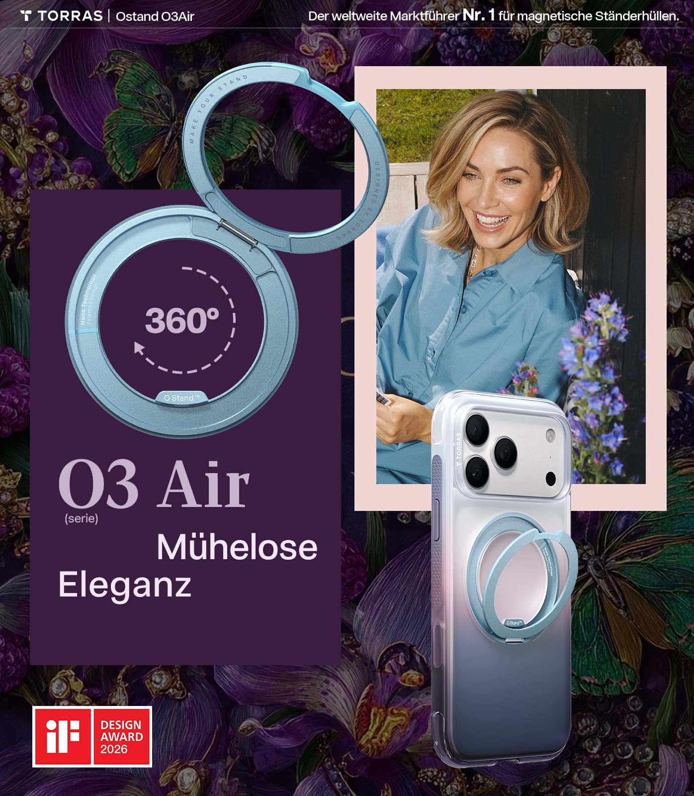 TORRAS Ostand O3 Air für iPhone 17 Pro Hülle Airbag Silber-Lila Verlauf | 360° Drehbarer Ständer, mit MagSafe Handyhülle für Frauen, Stoßfeste Militärschutz Tasche mit DIY-Tasten & Ringhalter