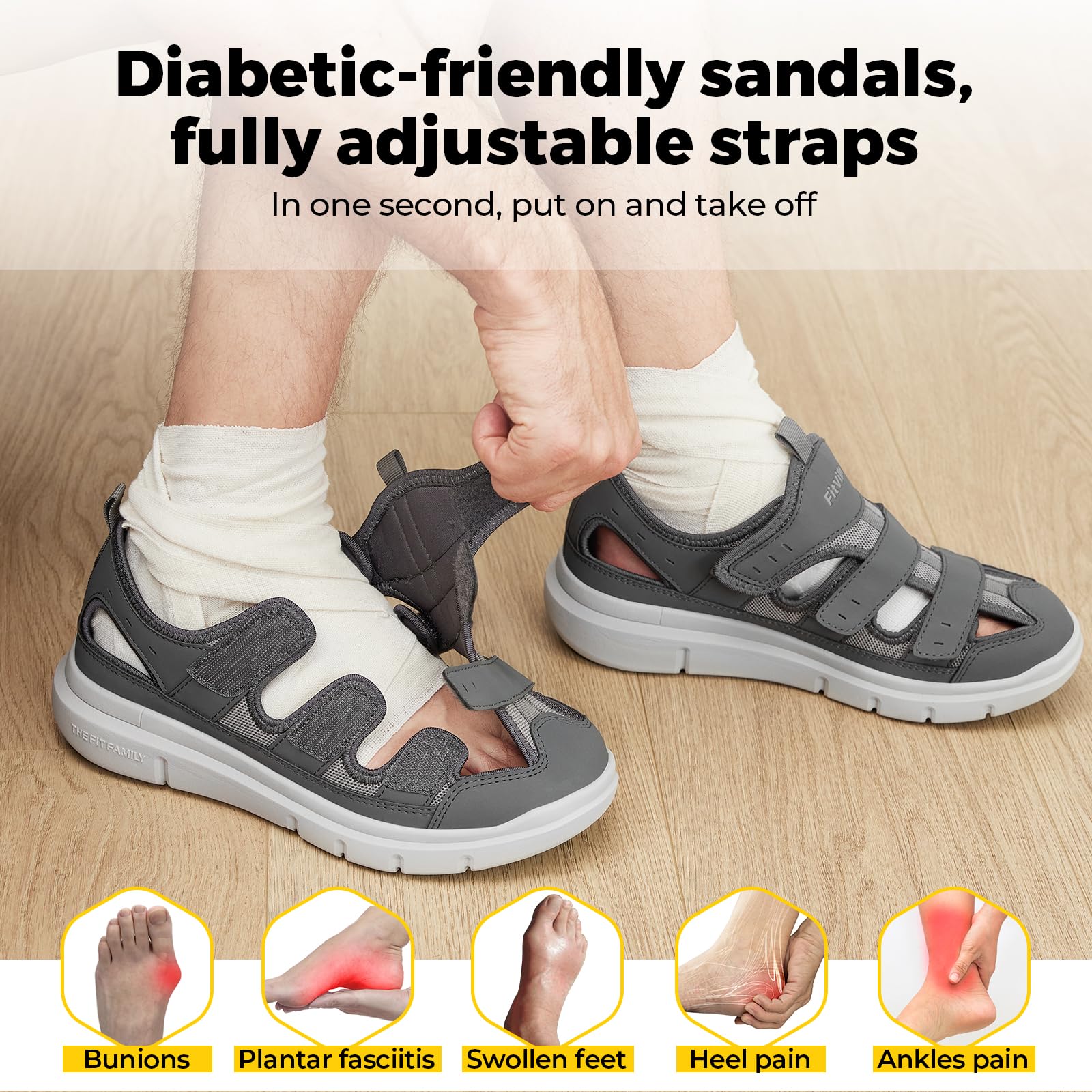 FitVille Sandali Diabetici Uomo Scarpe Ortopediche Larghe Sandalo Comodo per Anziani Fascite Plantare Piedi Gonfi