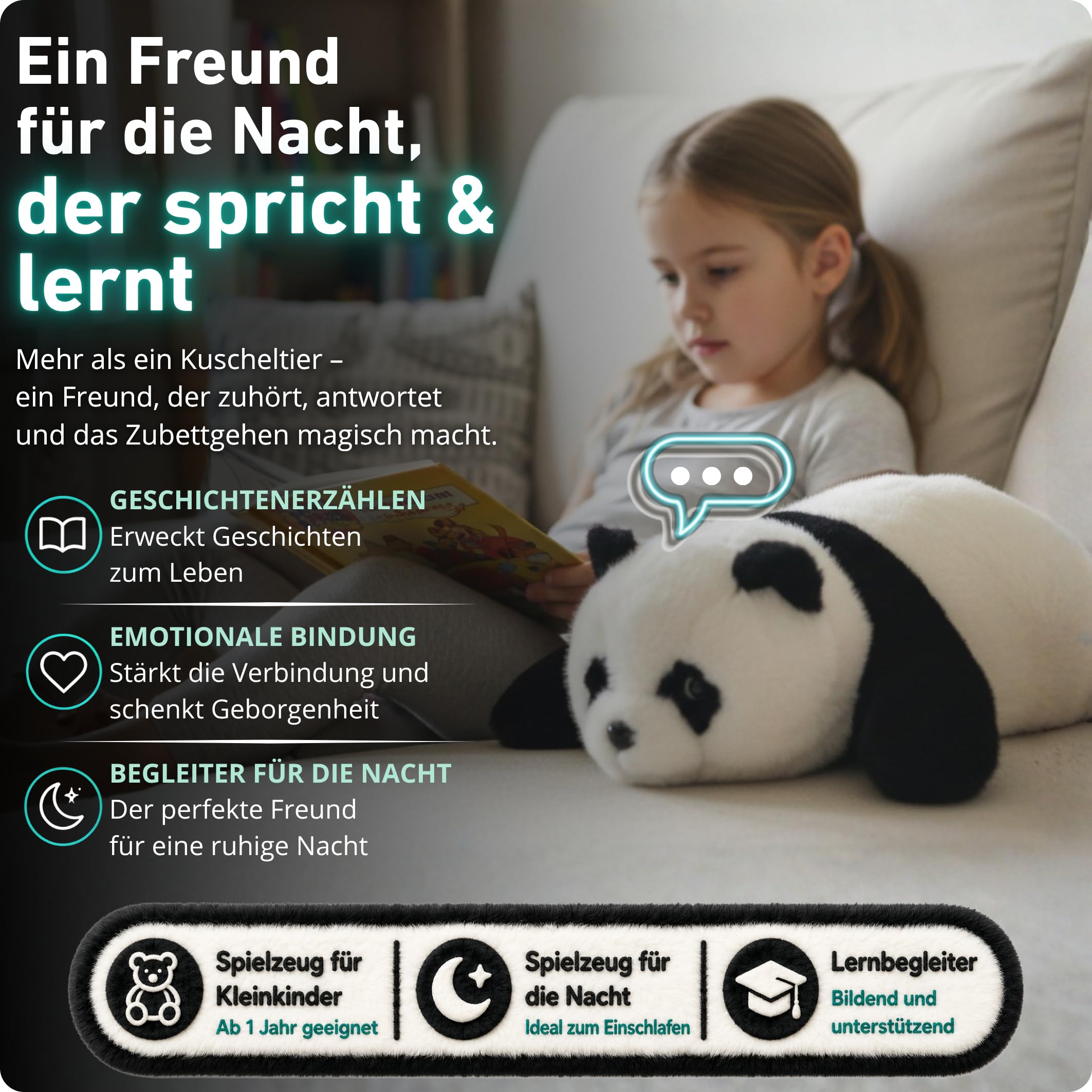ZENET Interaktives Kuscheltier Smart Panda AI für Kinder ab 3 Jahre, 48cm | Sprechendes Spielzeug, Lernspielzeug, KI-gesteuertes Nachsprechendes Plüschtier mit Mobile App, Sprachlernen, 5 Spielmodi