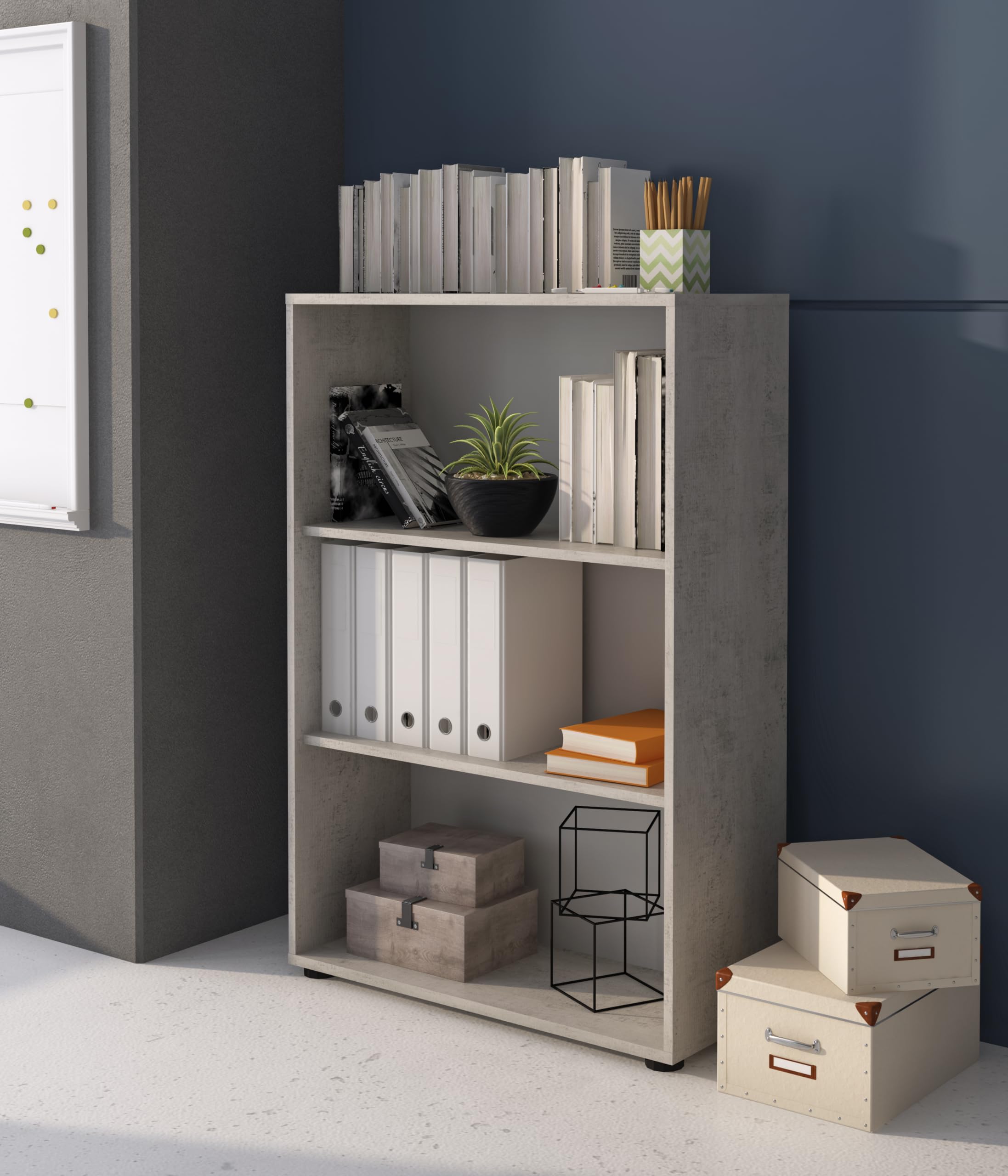 Bricozone Set Ufficio Moderno Completo In Cemento E Bianco Frassinato Con Scrivania Angolare Cassettiera Libreria E Armadi In Melaminico Antigraffio Arredo Professionale Per Home Office E Studi