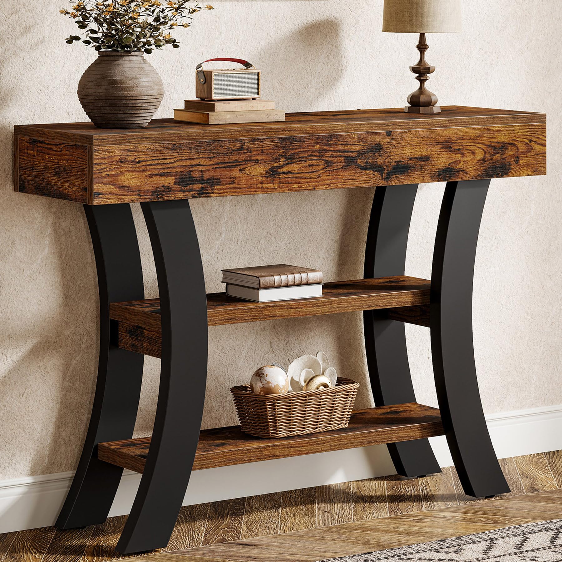 Tribesigns - Tavolo consolle piccolo da 105 cm per l'ingresso, tavolo da salotto rustico a 3 livelli con ripiani e cornice curva per soggiorno, ingresso, corridoio, foyer, marrone rustico