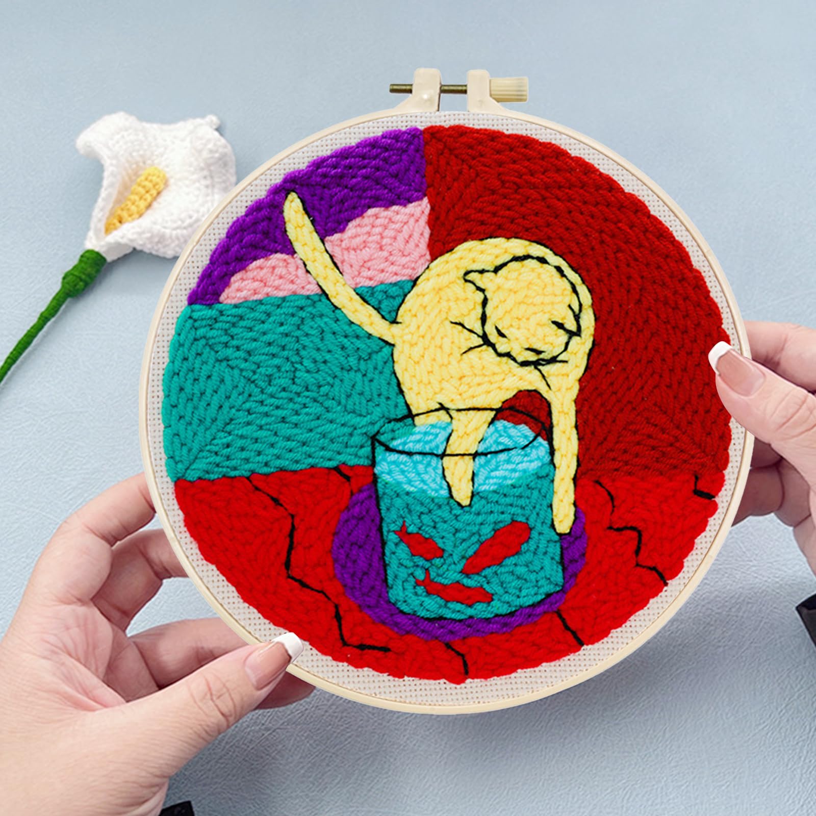 Woohome Punch Needle Kit, Kit per Ricamo con Ago Istruzioni, Strumento di Ricamo per Principianti per Principianti Adulti (Gatto e Vaso)