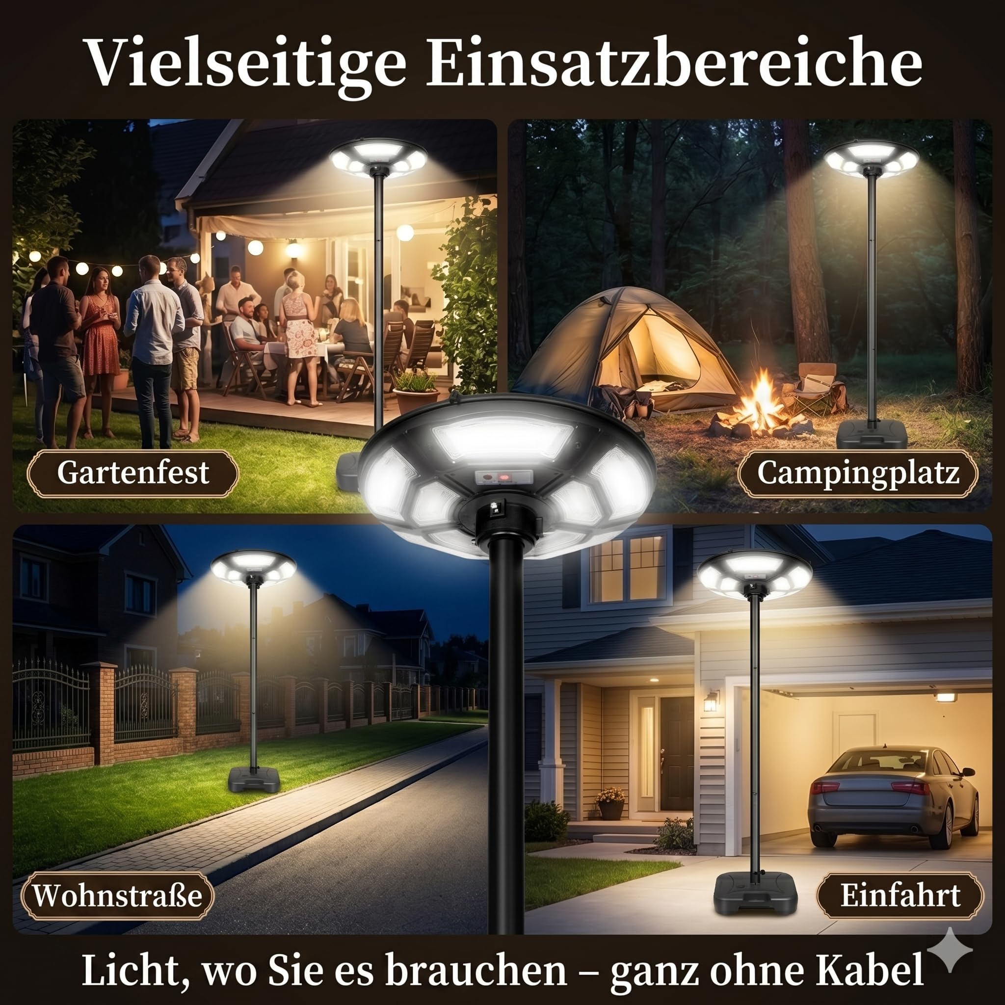 Solarlampen für Außen mit Standfuß 12000mAH, 3200LM Solar Straßenlaterne mit 750 LED, 360° Beleuchtung Solarstrahler Außen mit Bewegungsmelder, IP65 Wasserdicht Gartenlampe für Hof, Garage, Camping