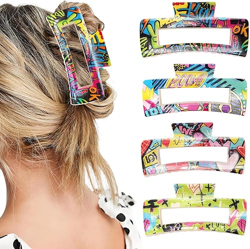 KICOSY 4PCS Graffiti Print Hair Claws - Street Art Colorful Graffiti Acrylic Hai
