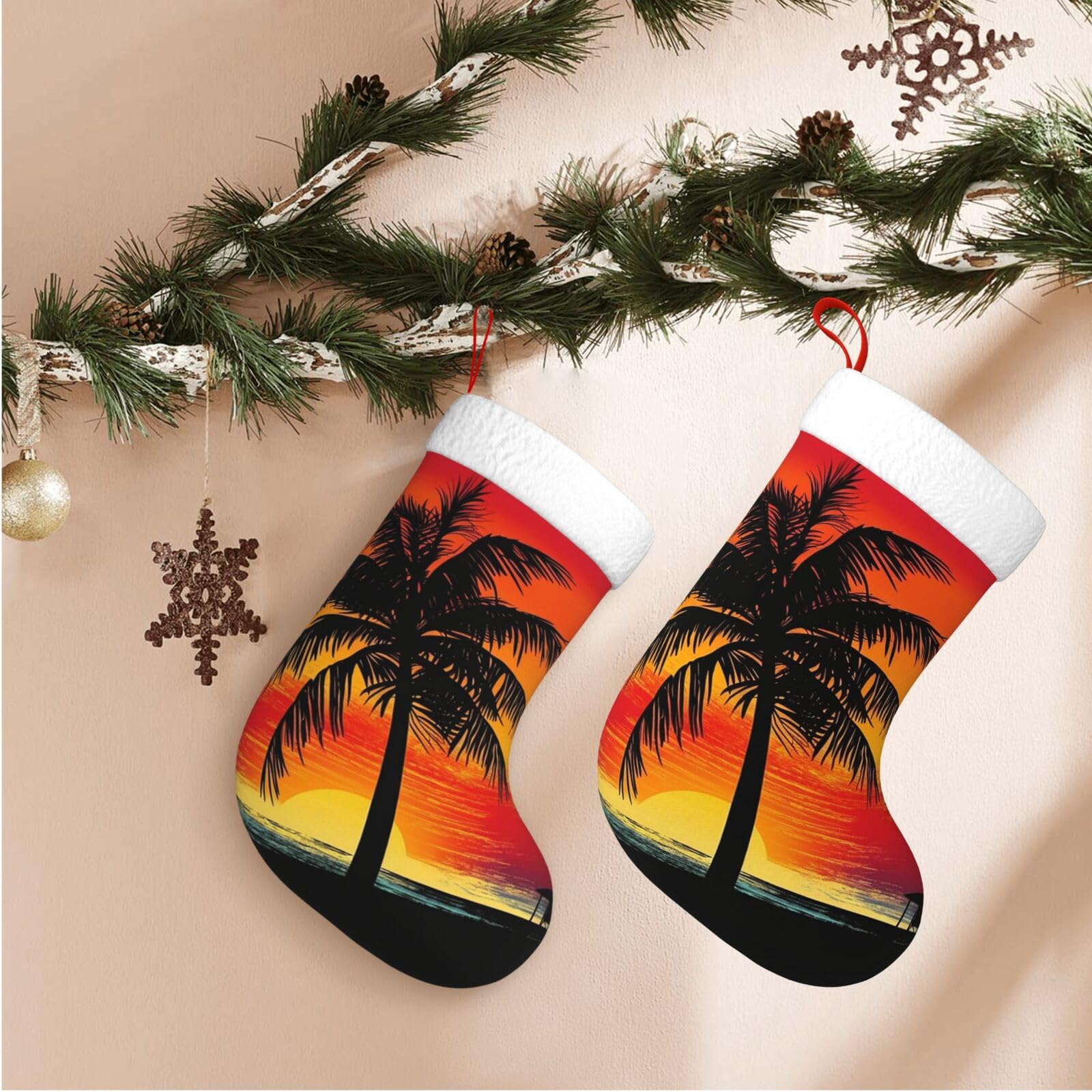 17.7" Christmas Stocking 1 Piece, Sunset Palm Tree Xmas Stockings with White Plush Cuff Fireplace Hanging Stocking for Christmas Holiday Party Decoration