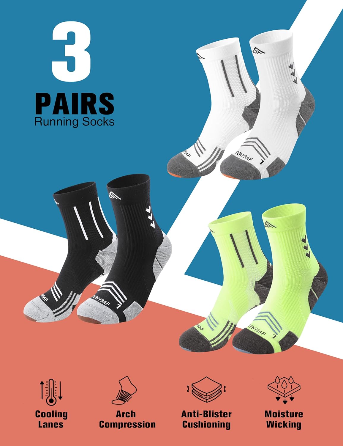 Compression Sport Running Socks: Athletic Crew Socks for Men Women Cycling Hiking Basketball Work,3 Pairs - Image 4