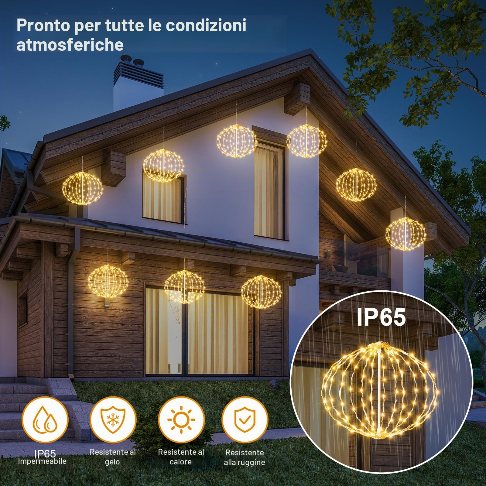 Auting Catena Luci Natale Sfere LED 4 Pezzi Timer 8 Modalità | Sfere sospese bianco caldo allungabili per grondaia balcone giardino e decorazione interna esterna