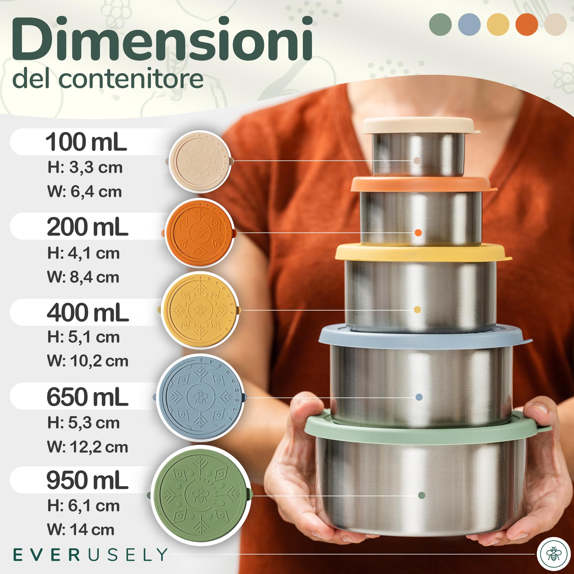 Everusely - Porta pranzo in acciaio inox con coperchi ermetici - Set da 5, collezione Muted - Porta pranzo ermetico - Contenitori per alimenti impilabili