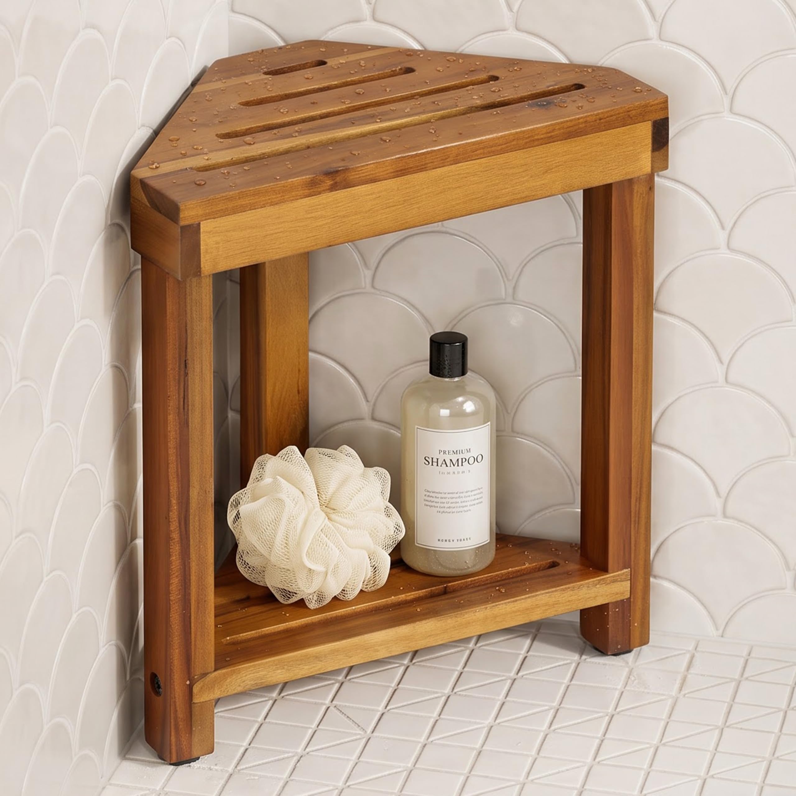 BLUEWEST Repose-pieds de douche, tabouret de douche d'angle en bois pour se raser les jambes, repose-pieds de douche imperméable avec étagère de rangement pour petit espace de douche, sièges de douche