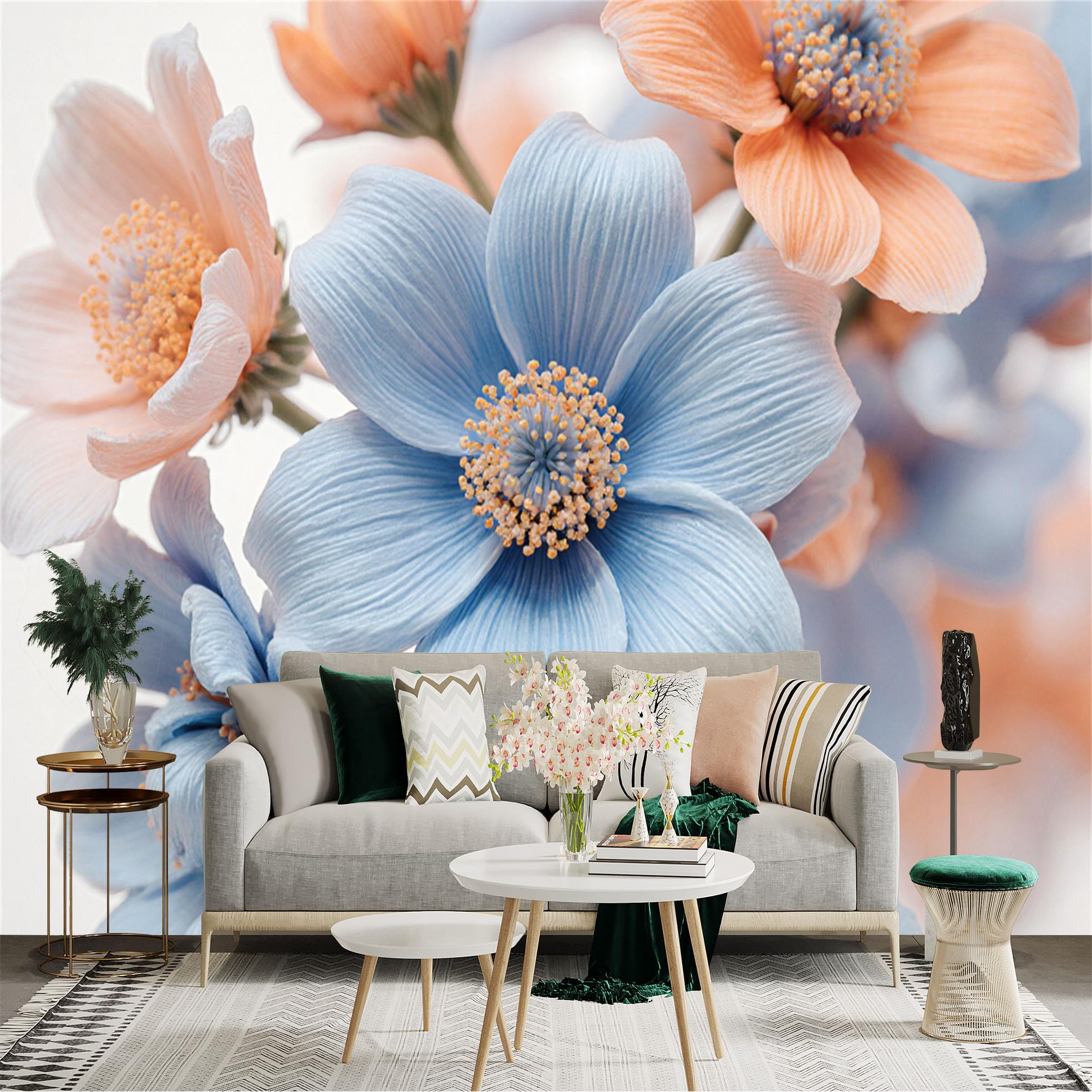 Custom Size Wall Sticker Mural， Soft Blue and Peach Flowers， Botanical Floral Art， Delicate Pastel Blossom， for wall Decoration， peelandstick wall Decals.