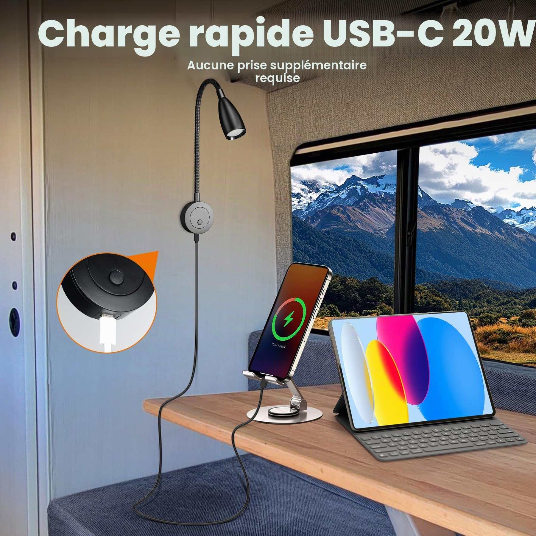 2W Lampe de Lecture 12V Camping-Car, 4000K Dimmable Cou de l'oie Spot 24volt LED avec USB-C 20W pour Caravane Bateau Van Voiture Camion Bus Yacht (Noir, 2 Pièces)