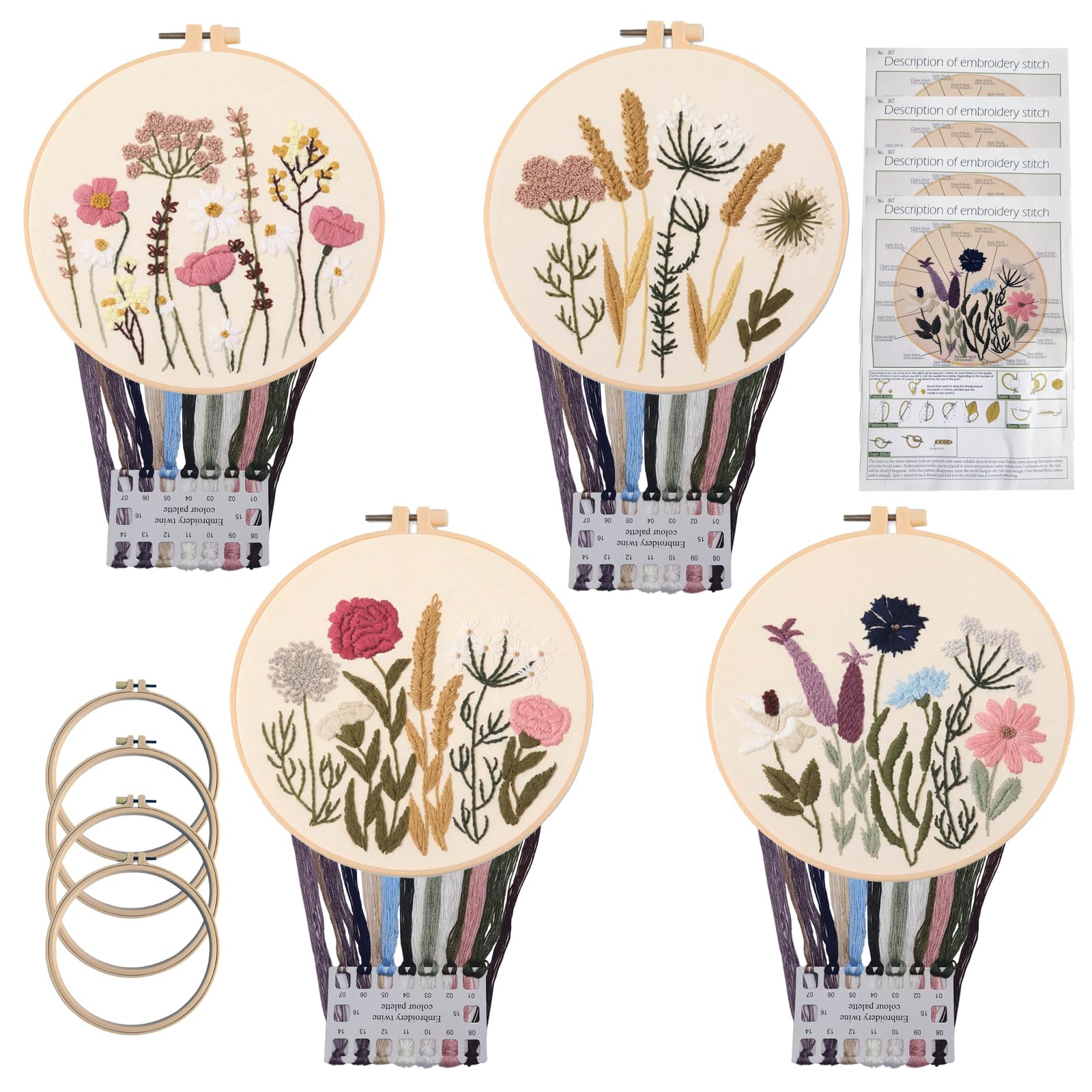 Kit Ricamo Punto Croce ASTNIC Per Principianti - Set 4 Fiori Con Cerchi E Filati