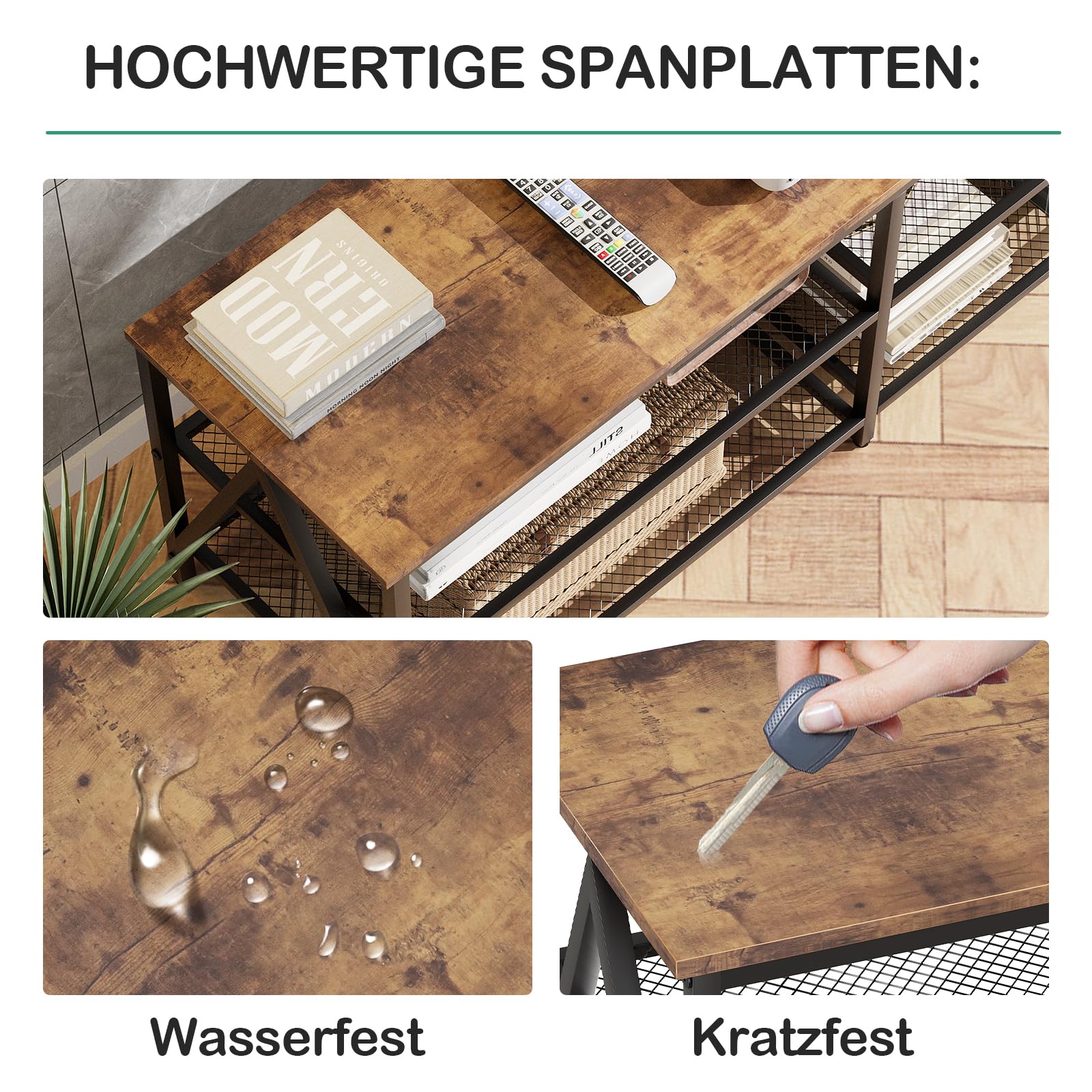 Garden 4 you Tv Tisch,Fernsehtisch,TV-Schrank,Lowboard Tv Schrank für Fernseher bis zu 65 Zoll, Fernsehschrank mit 3 offenen Fächern, TV-Regal Industrie Design, Stahlgestell, 140 x 40 x 50 cm,Braun