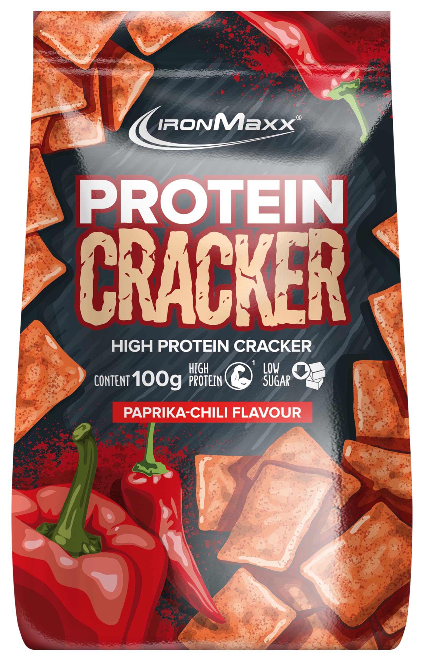 IronMaxx Galletas Saladas Proteicas Sabor Pimienta y Chile 100g - Aperitivo Crujiente con 21% de Proteina - Bajo en Azucar, Horneadas y No Fritas - Ideal para un Estilo de Vida Activo