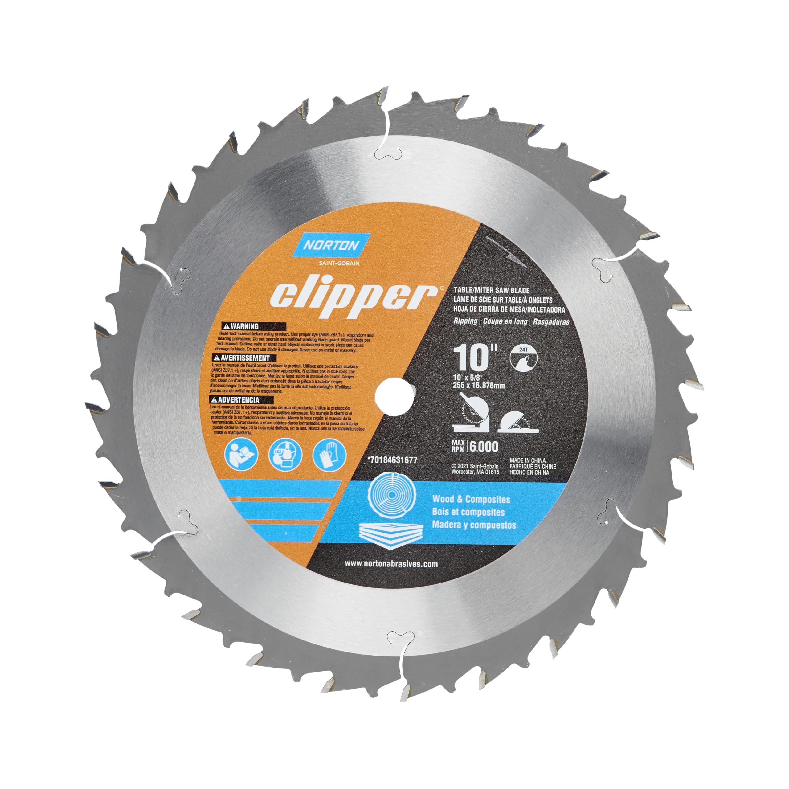 Norton Clipper Miter Saw Blade, 10 x 5/8 Inch 24 Tooth Table Saw Blade, Ripping/General Cutting for Various Wood, Professionals and DIY Friendly