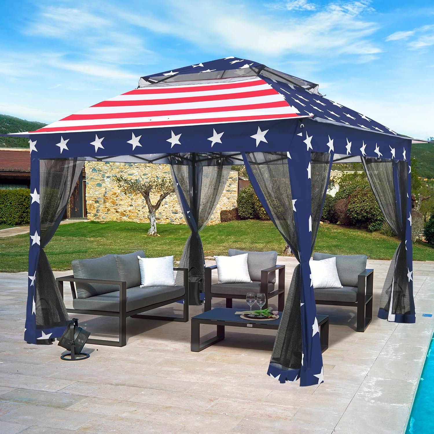 11x11 Pop Up Gazebo Tent with Mesh Netting, Instant Outdoor Canopy with UPF 50+ UV Protection, Water Resistant, American Flag