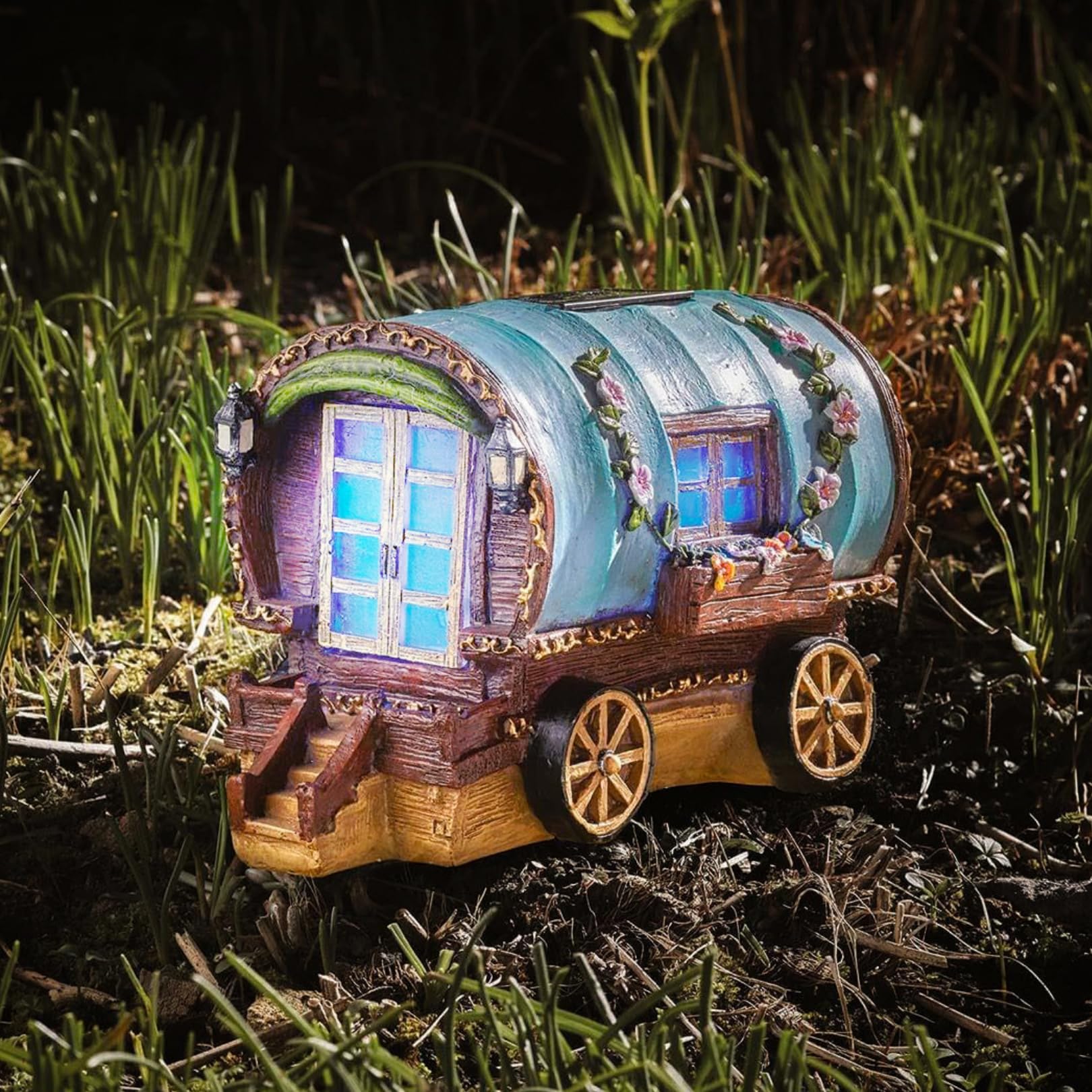 Garden Mile Blue,Brown Solar Caravan Ornament Fairy House Led Lighting, Solar Powered Gypsy Rose Caravan Outdoor Weatherproof Decoration Sculpture With White Or Colour Changing Led's