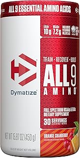 Dymatize All9 Amino, 7.2g of BCAAs, 10g of Full Spectrum Essential Amino Acids Per Serving for Recovery and Optimal Muscle Protein Synthesis, Orange Cranberry, 30 Servings, 15.87 Ounce
