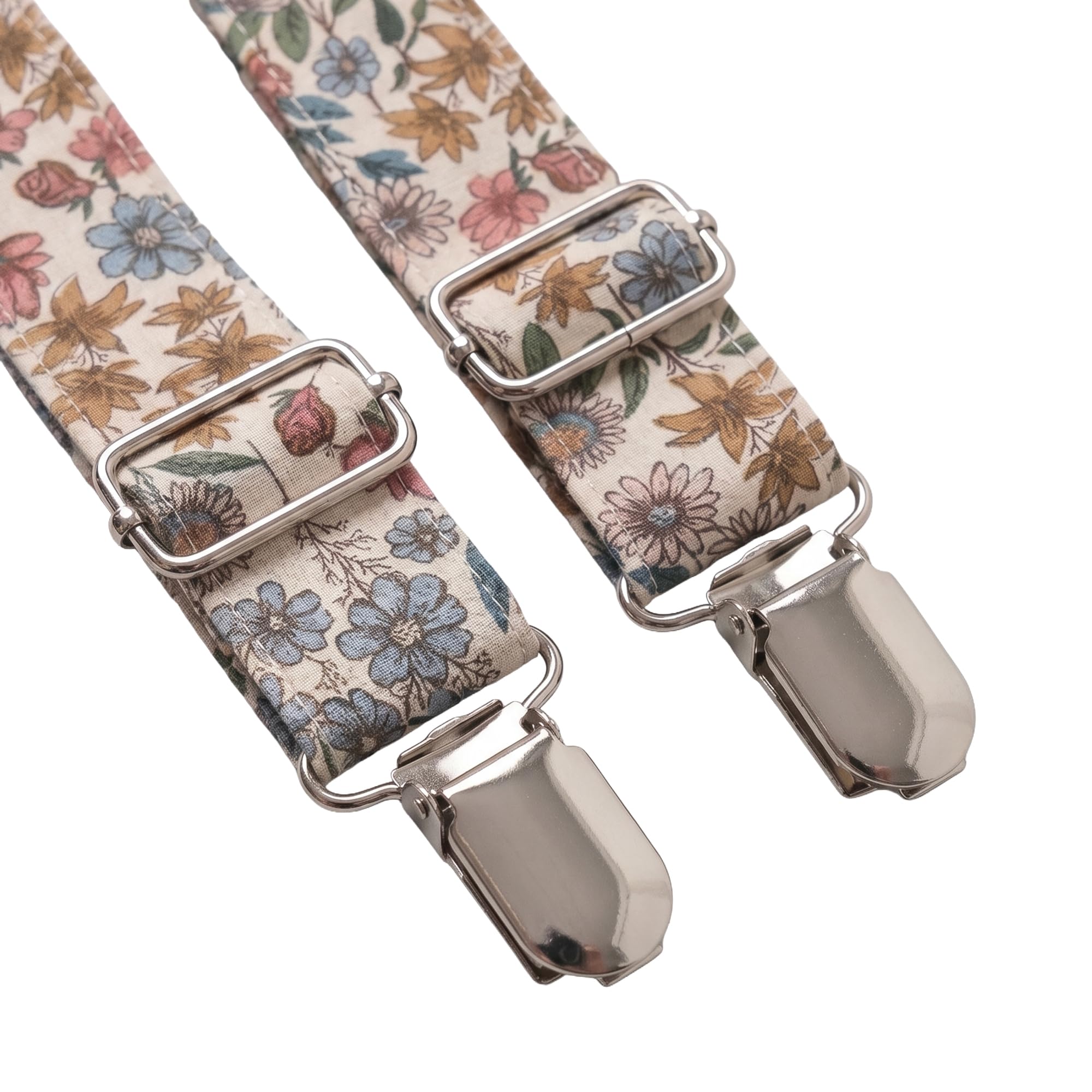 QUEMONO! Pack Tirantes y Pajarita Niño 100% Algodón Estampado Floral | Tirantes Ajustables Clips Metálicos, Semillas Azules, Grande | 8 a 16 años