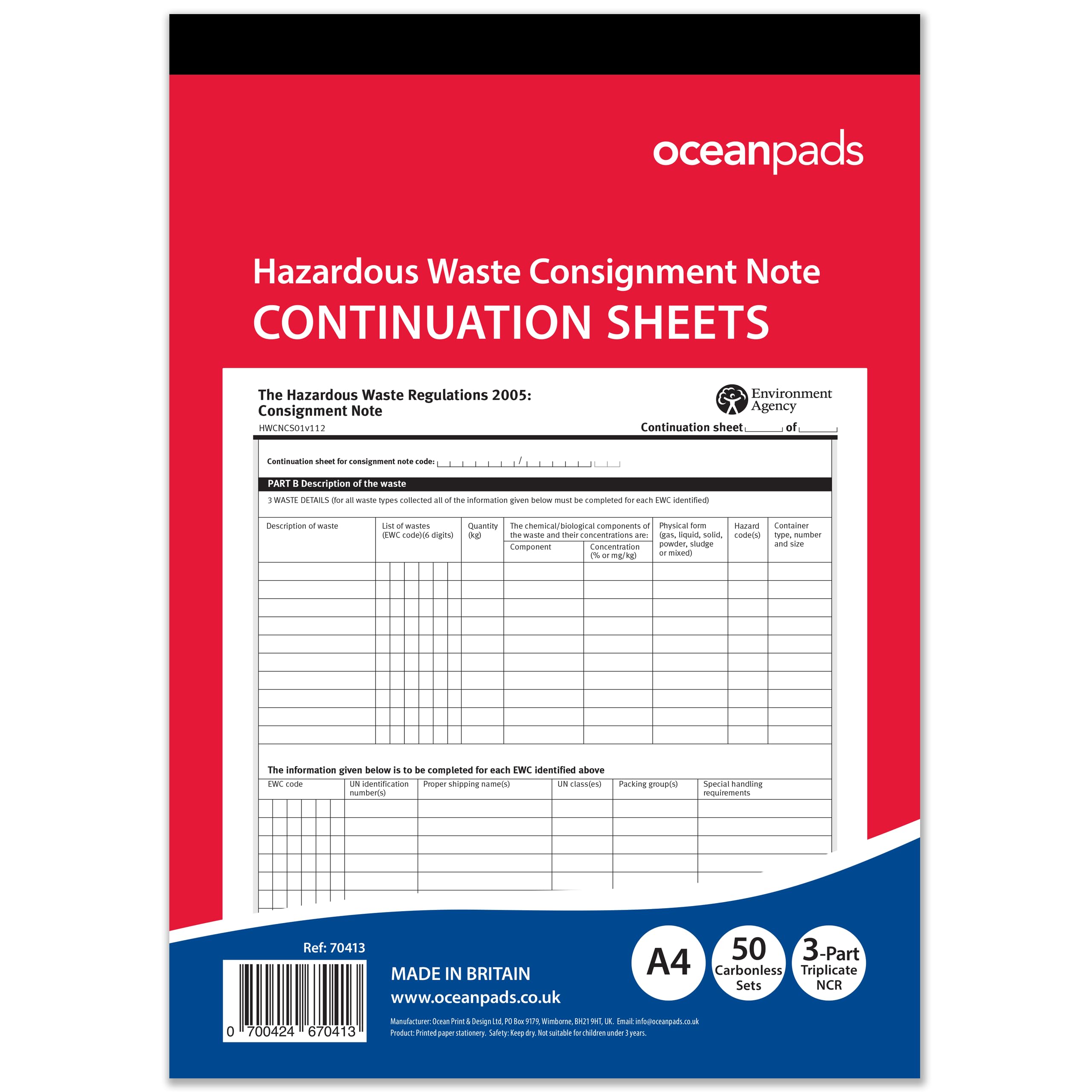Continuation Sheets for Hazardous Waste Consignment Notes A4 | 3-Part NCR | 50 Sets | Ocean Pads (70413) | Record Additional Waste Entries with Hazardous Waste Consignment Notes