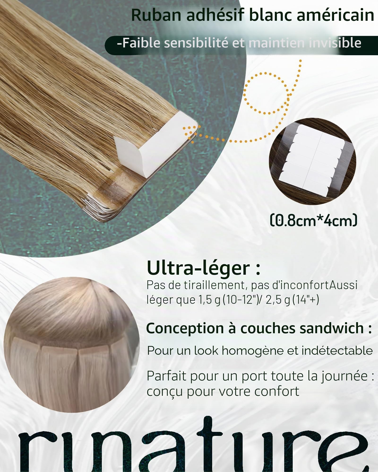 RUNATURE Extension Biadesive Capelli Veri 50cm Lunghi 50g 20Pcs #10P16