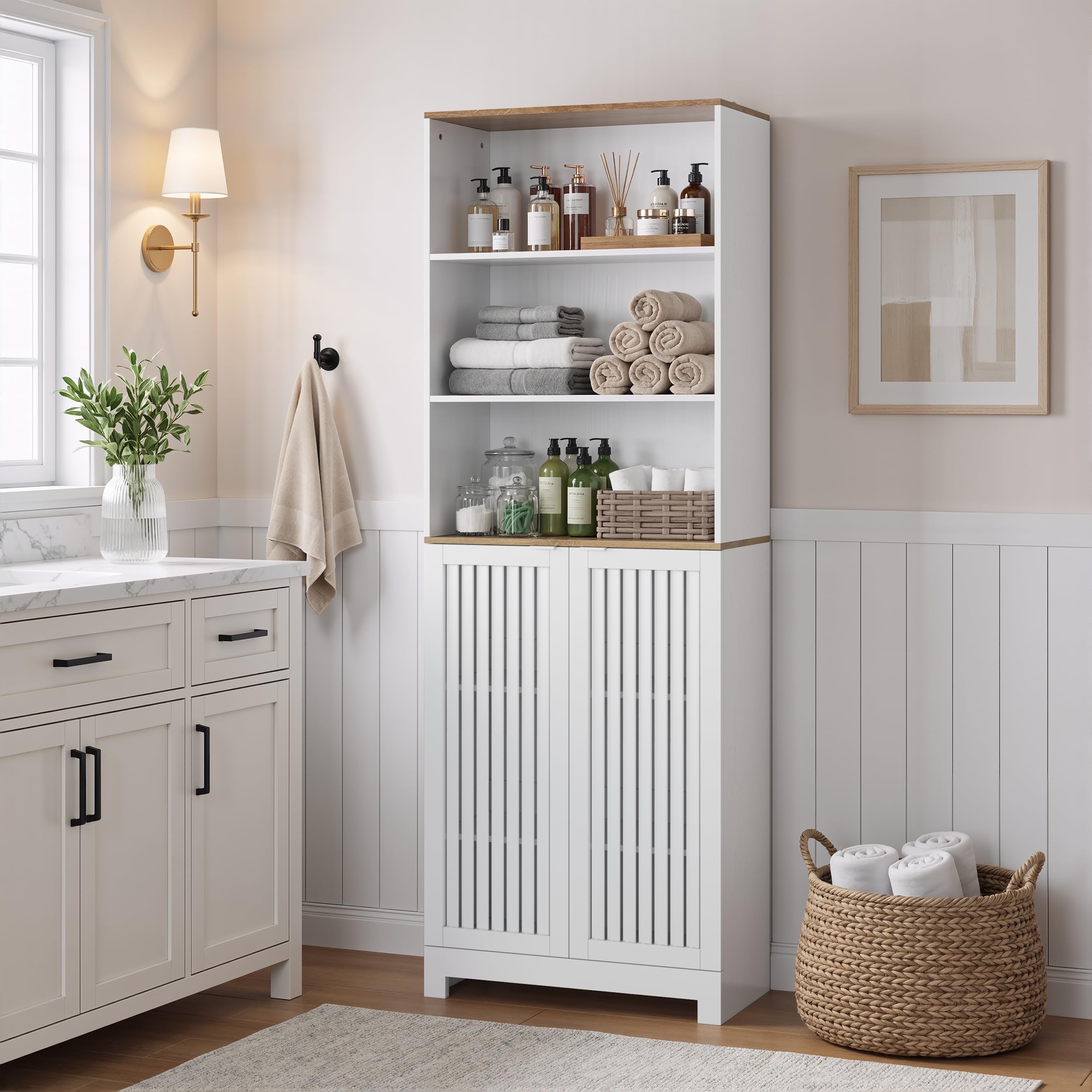 Smart FENDEE Tall Bathroom Storage Cabinet with 3 Open Shelves, Freestanding Cabinet with Louvered Doors for Bathroom, Laundry Room, Kitchen, Bedroom,60 * 30 * 170 cm