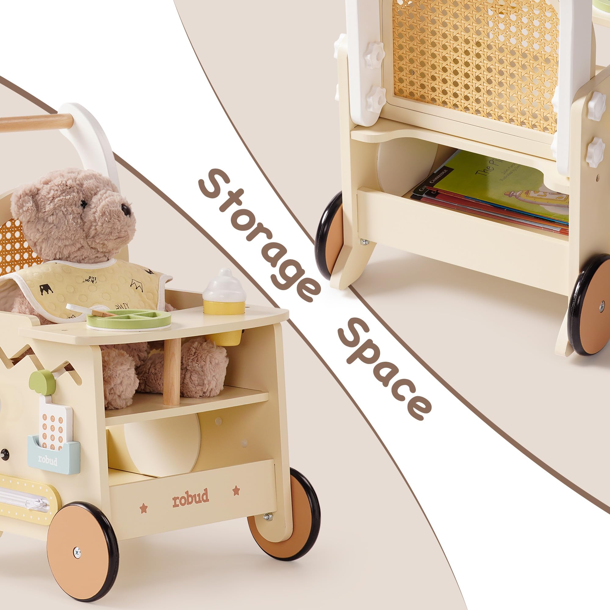ROBUD Marchette en bois pour enfants de 1 à 2 ans, poussette 2 en 1 avec centre d'activités pour les tout-petits, marcheur à pousser avec frein de sécurité, jouets éducatifs pour garçons et filles de