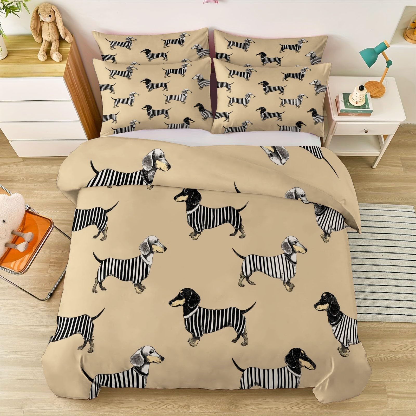 Wende-Bettbezug, Mikrofaser Einfach Dackel Streifen Niedlich Bettbezug aus Atmungsaktive, Sommer Bettwäsche-Set mit Kissenbezug Bunt Bettwäsche-Set mit Reißverschlus 180 x 200 cm