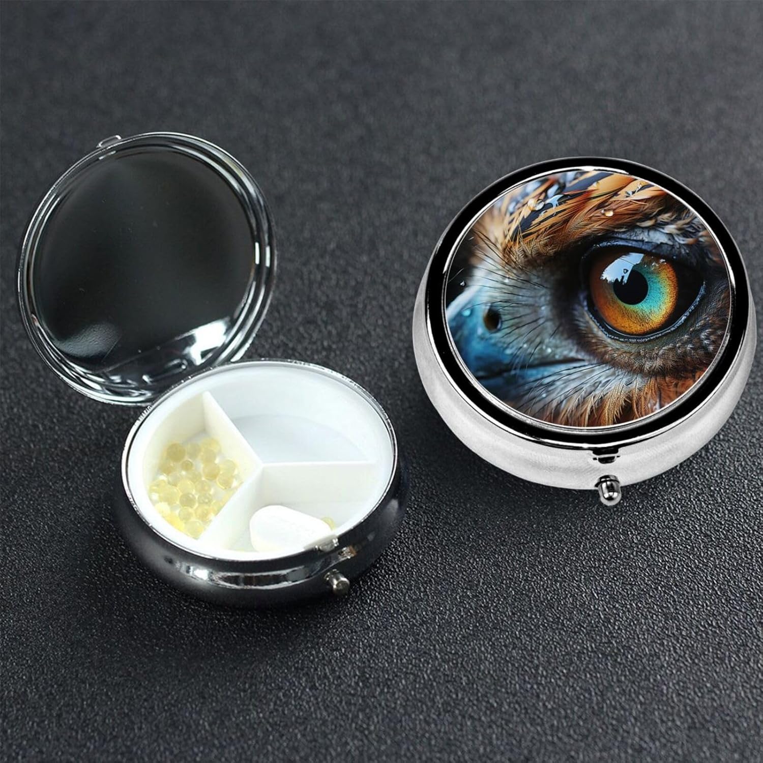 Pill Box Small Medicine Organizer with 3 Compartments Owl Eyes Pill Case for Pocket or Purse Mini Metal Pill Holder Portable Travel Pill Container to Hold Supplements Vitamins