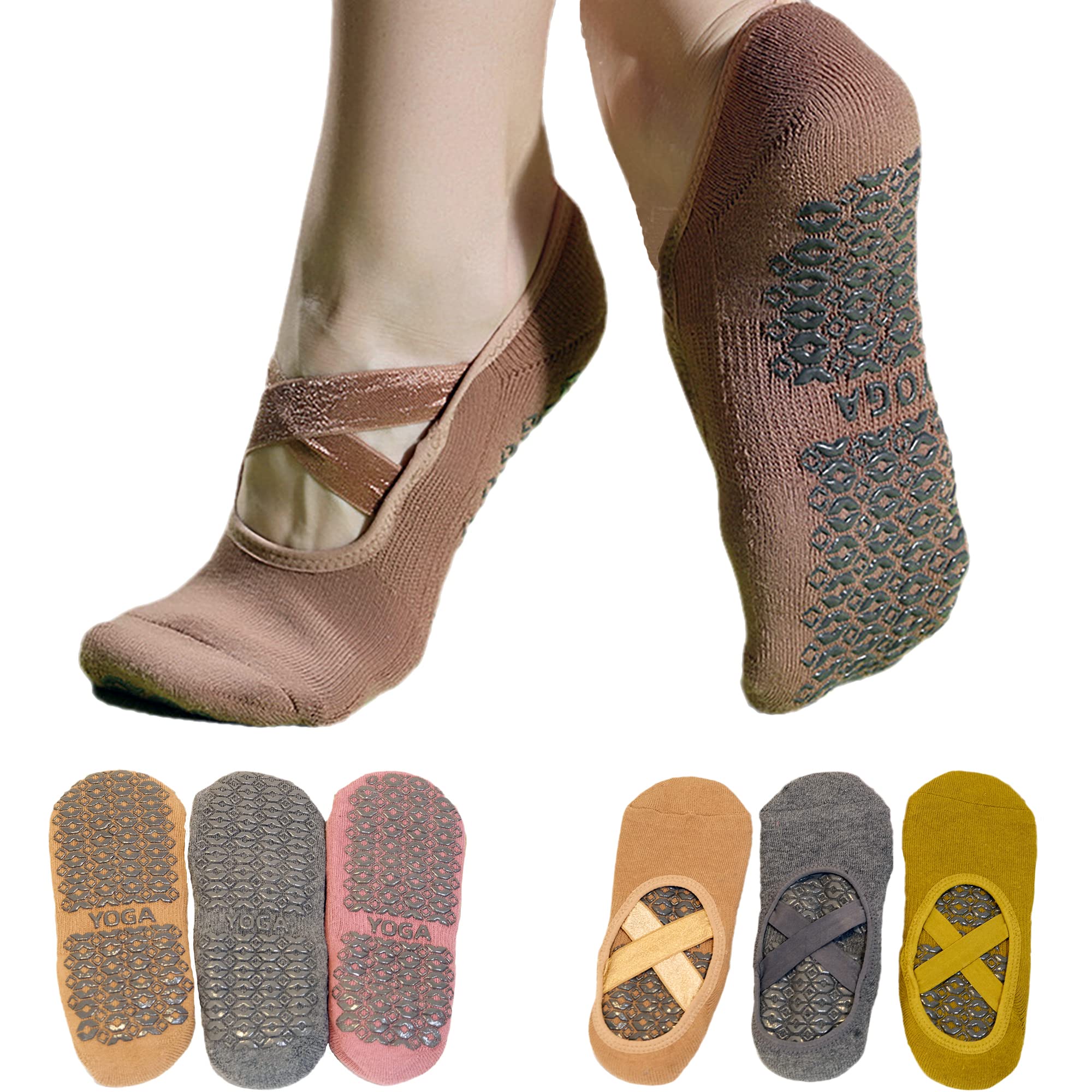 QIUNEEY Yoga short socks Pilates yoga socks Sport Anti-slip socks Women yoga Trainer socks Indoor Yoga Sock (Khaki+Green+Dark yellow)